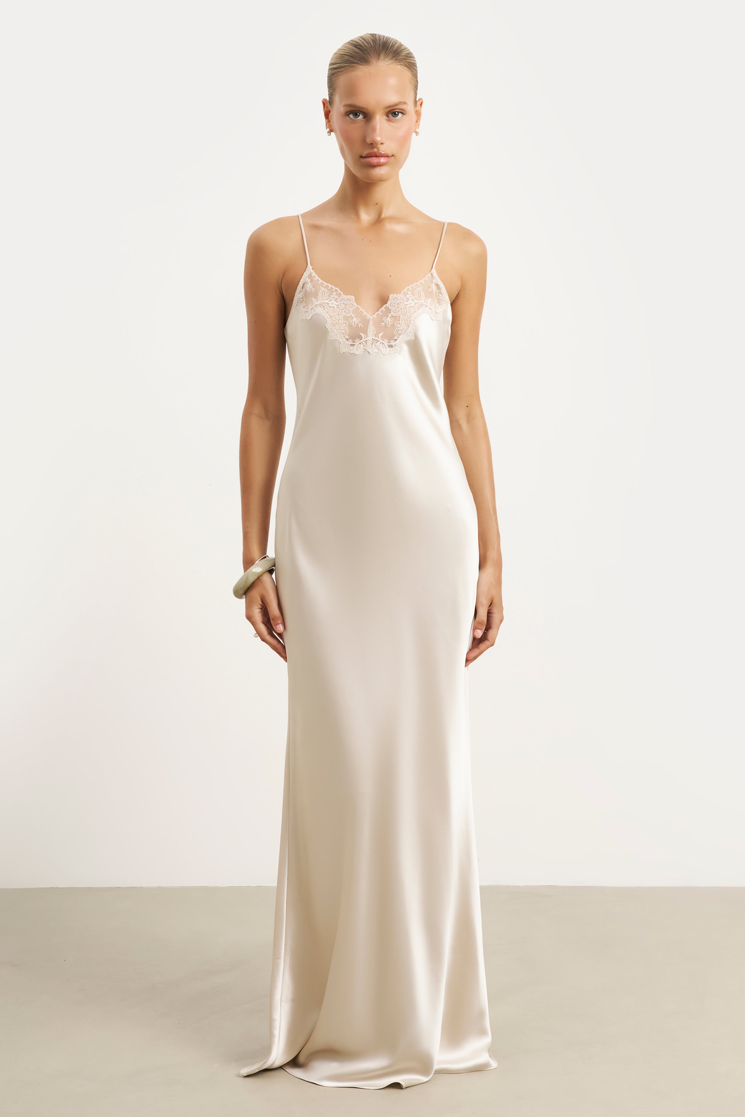 Satin Lace Detail Camisole Maxi Dress - Champagne