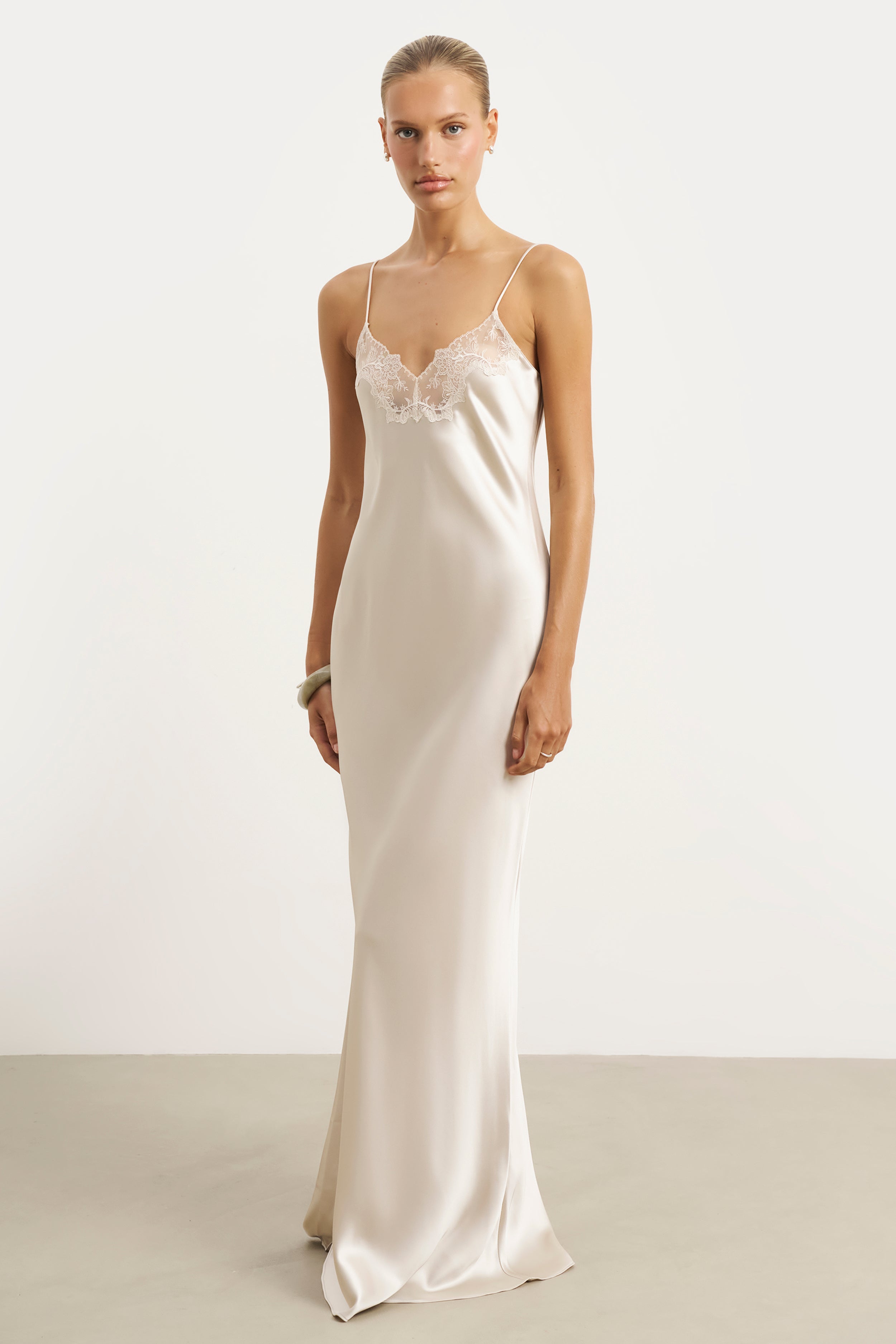 Satin Lace Detail Camisole Maxi Dress - Champagne