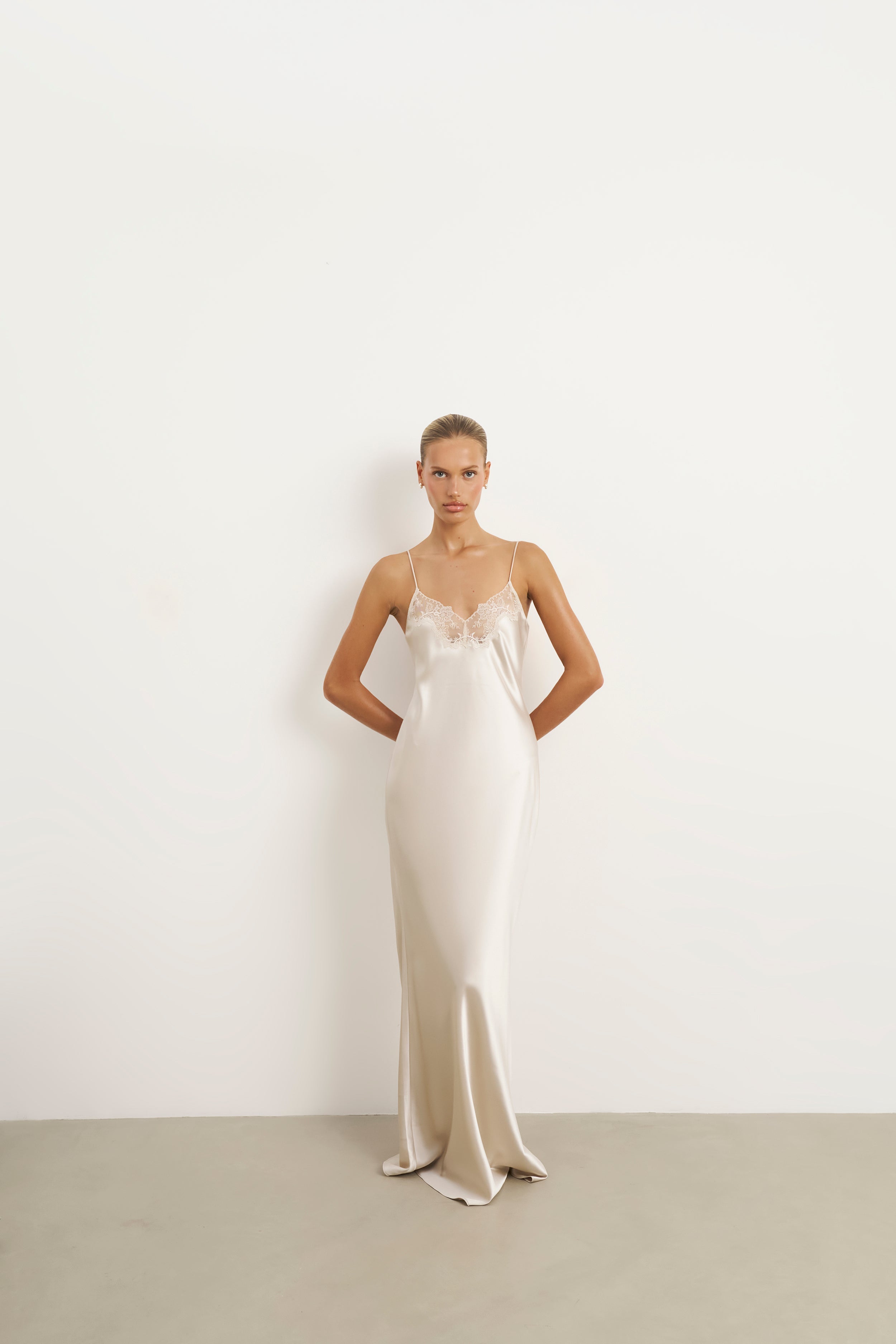 Satin Lace Detail Camisole Maxi Dress - Champagne