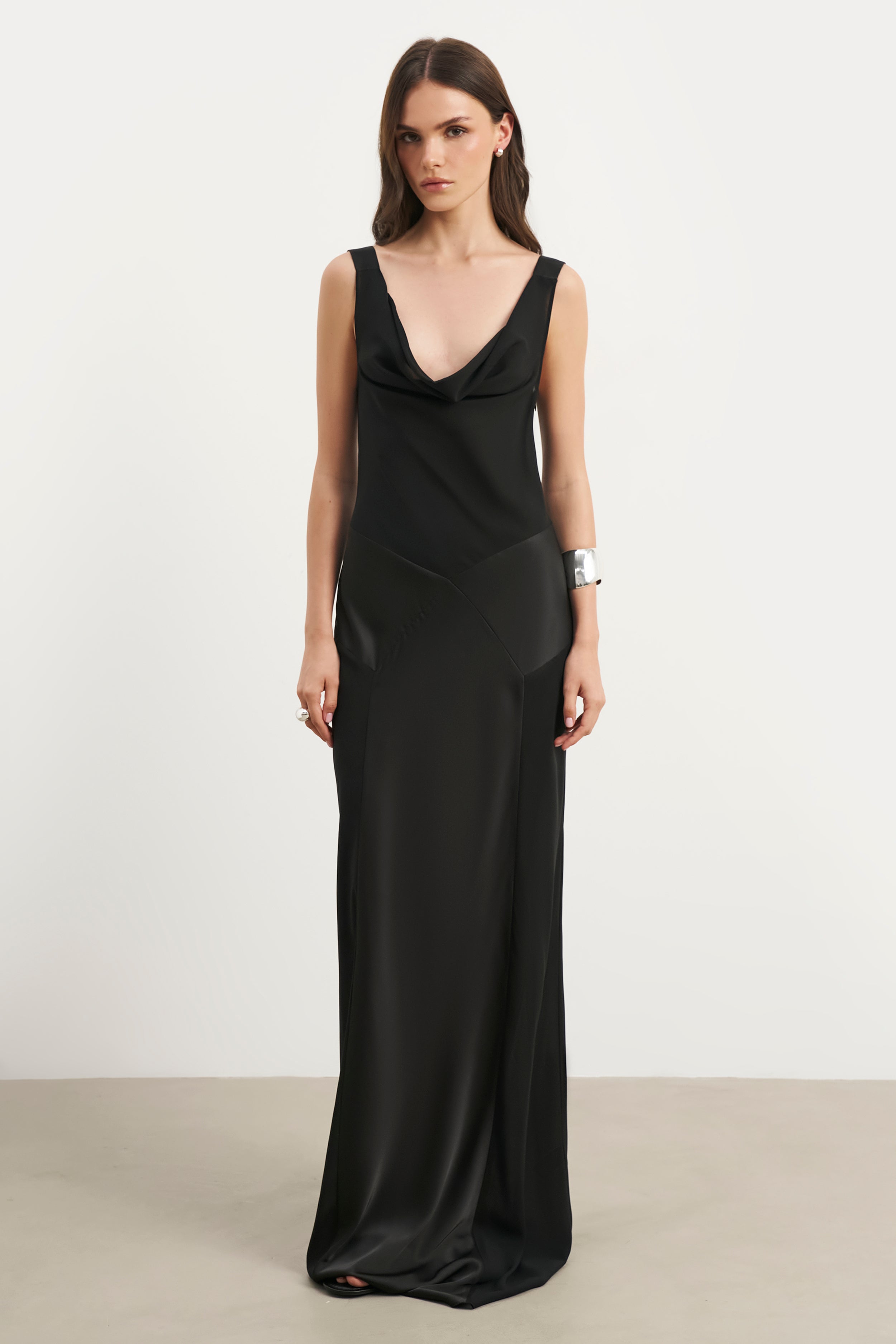 Sheer Chiffon Cowl Neck Satin Panel Gown - Black | BOA US Sheer Chiffon Cowl Neck Satin Panel Gown - Black | BOA US