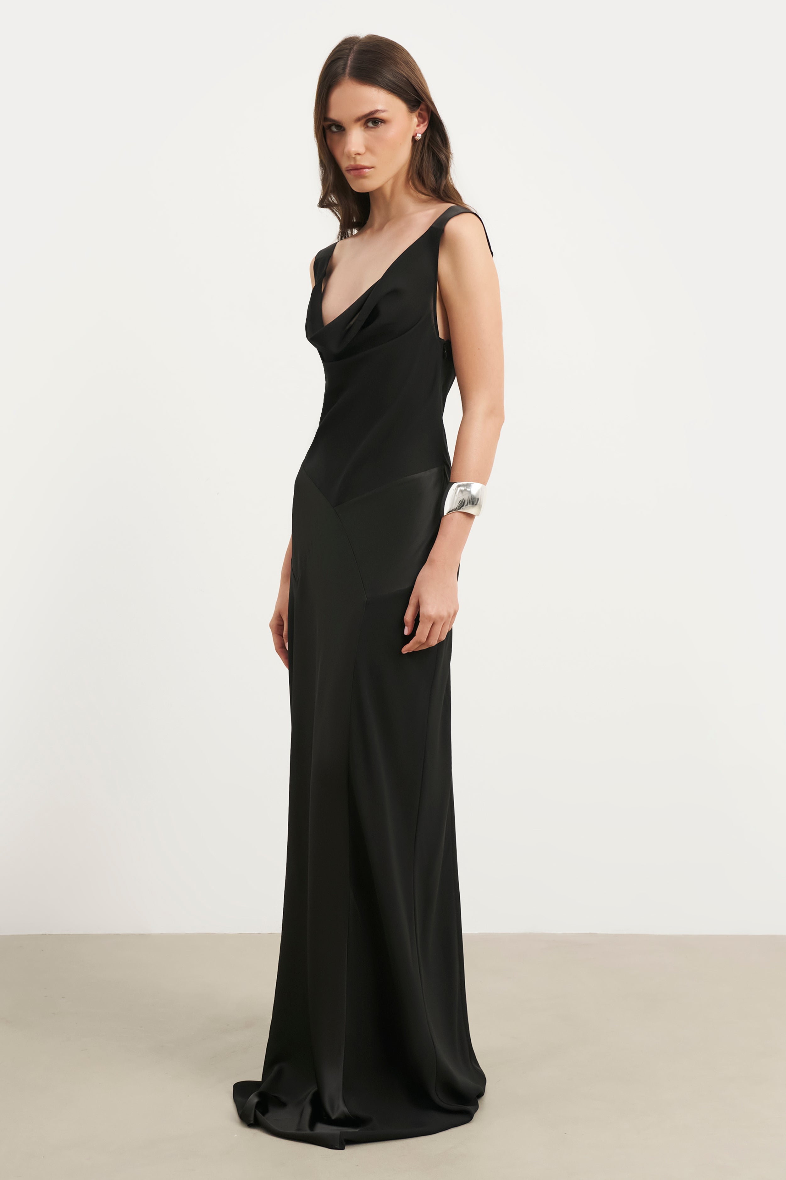 Cowl Neck Satin Panel Gown - Black