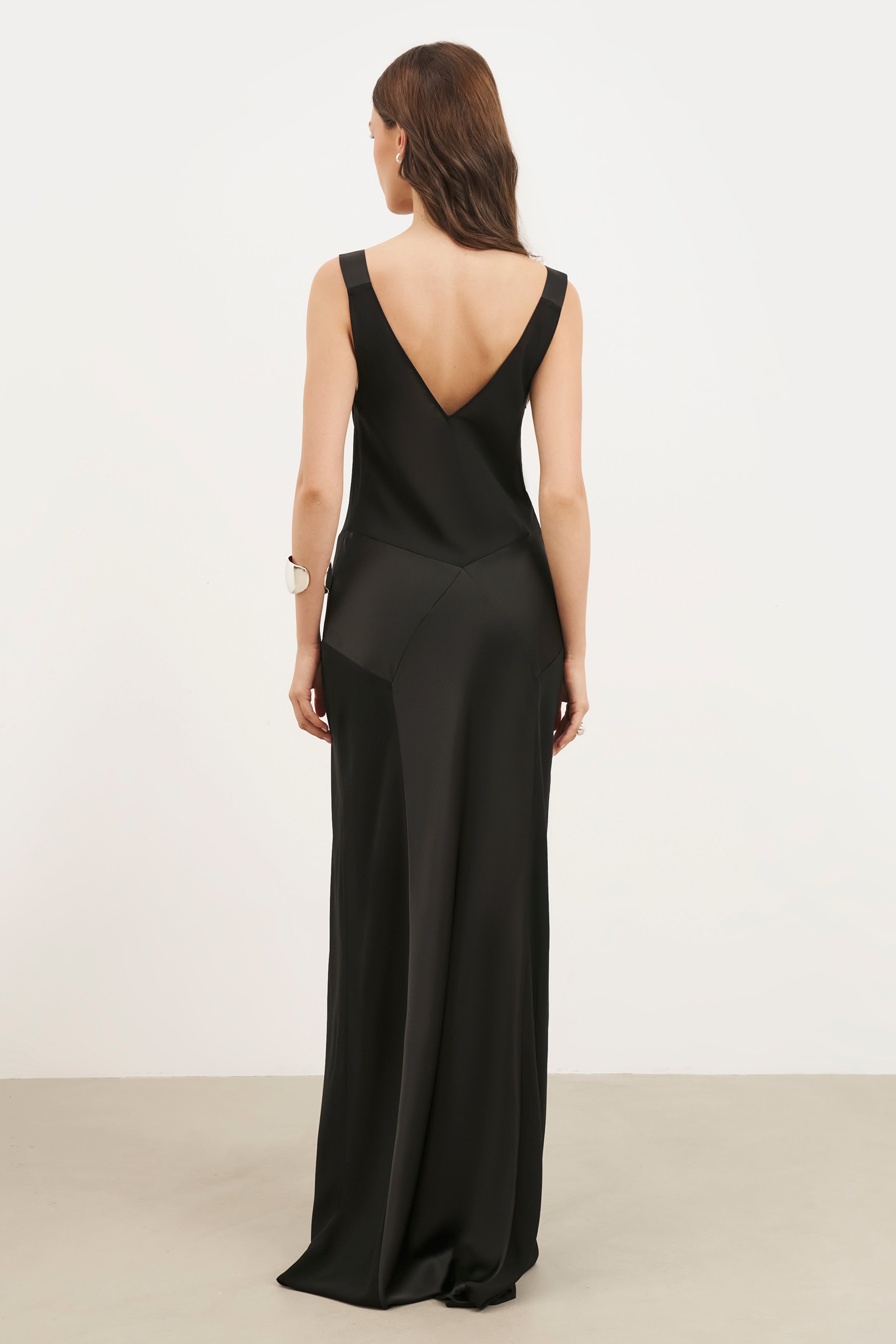 Cowl Neck Satin Panel Gown - Black