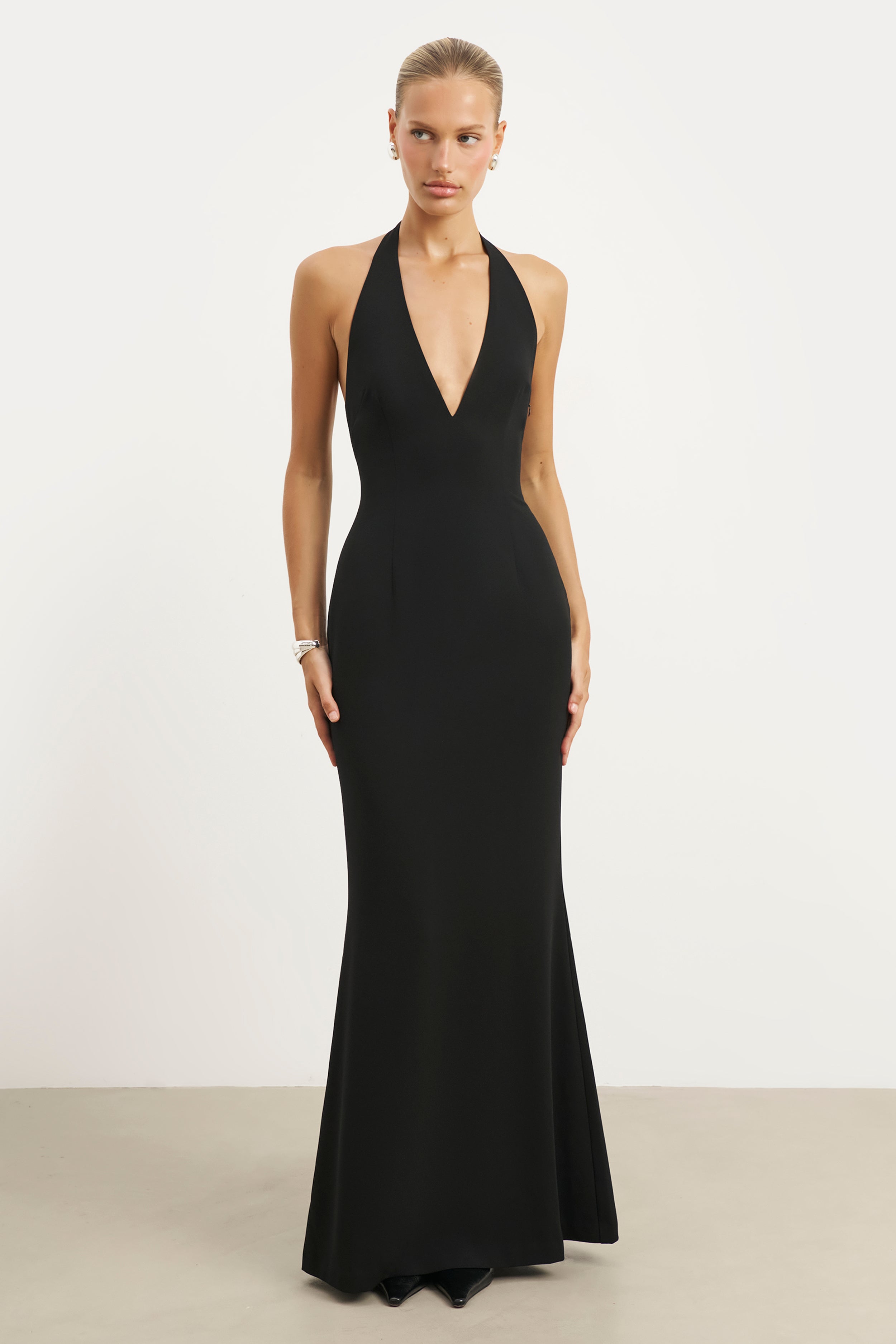 Plunging V Neck Halter Gown - Black