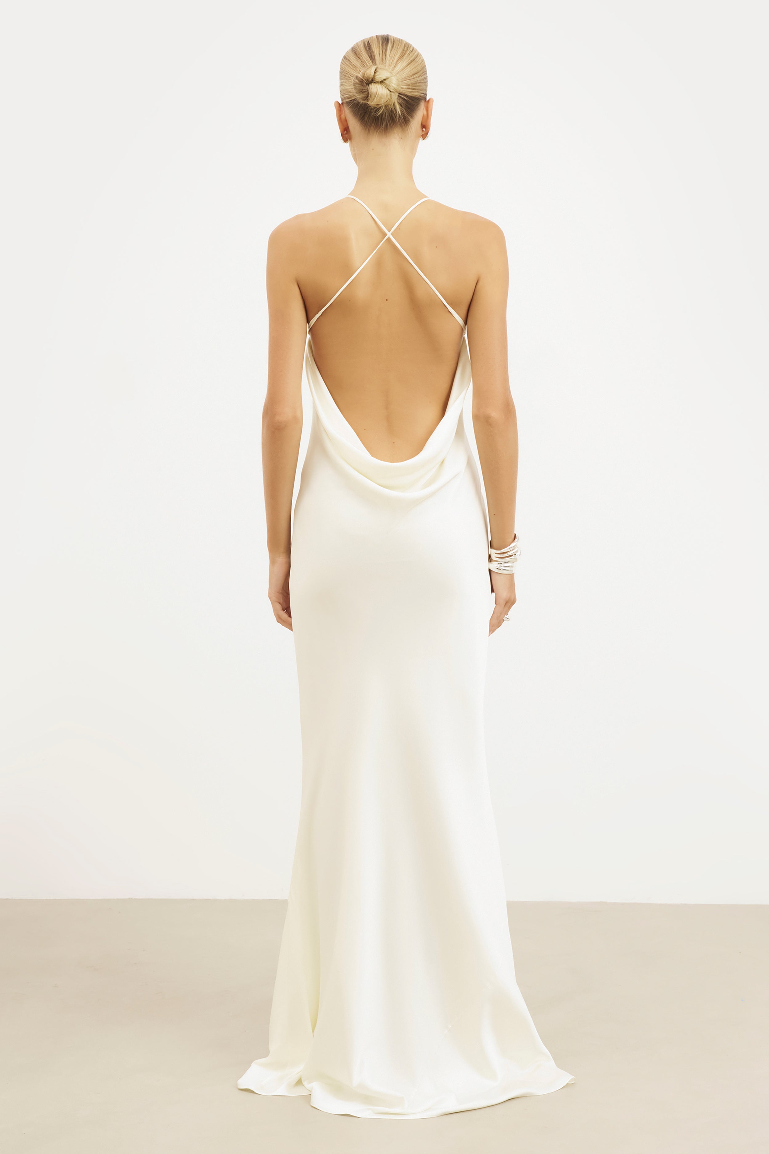 Satin Slinky Cowl Back Gown - Ivory