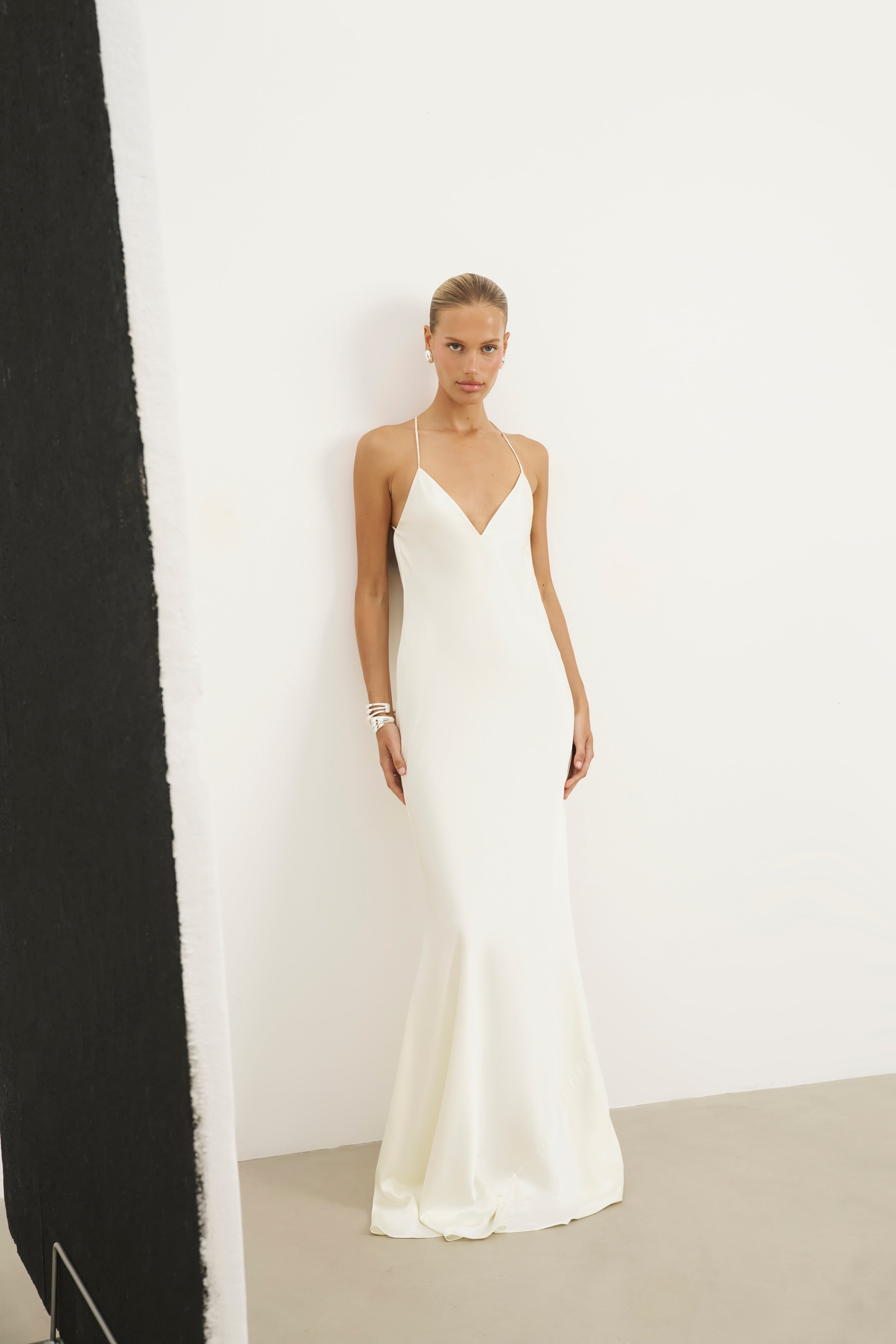 Satin Slinky Cowl Back Gown - Ivory