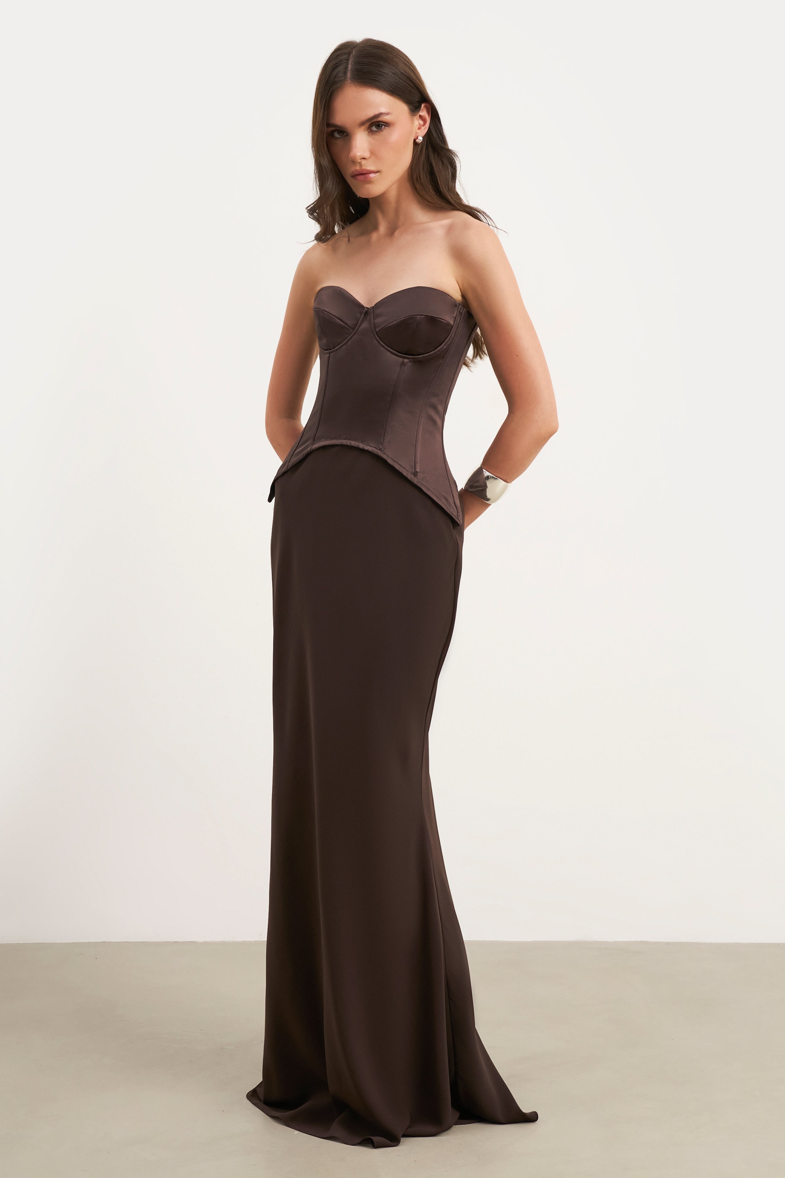 Satin Corset Gown with Sweetheart Neckline - Carob