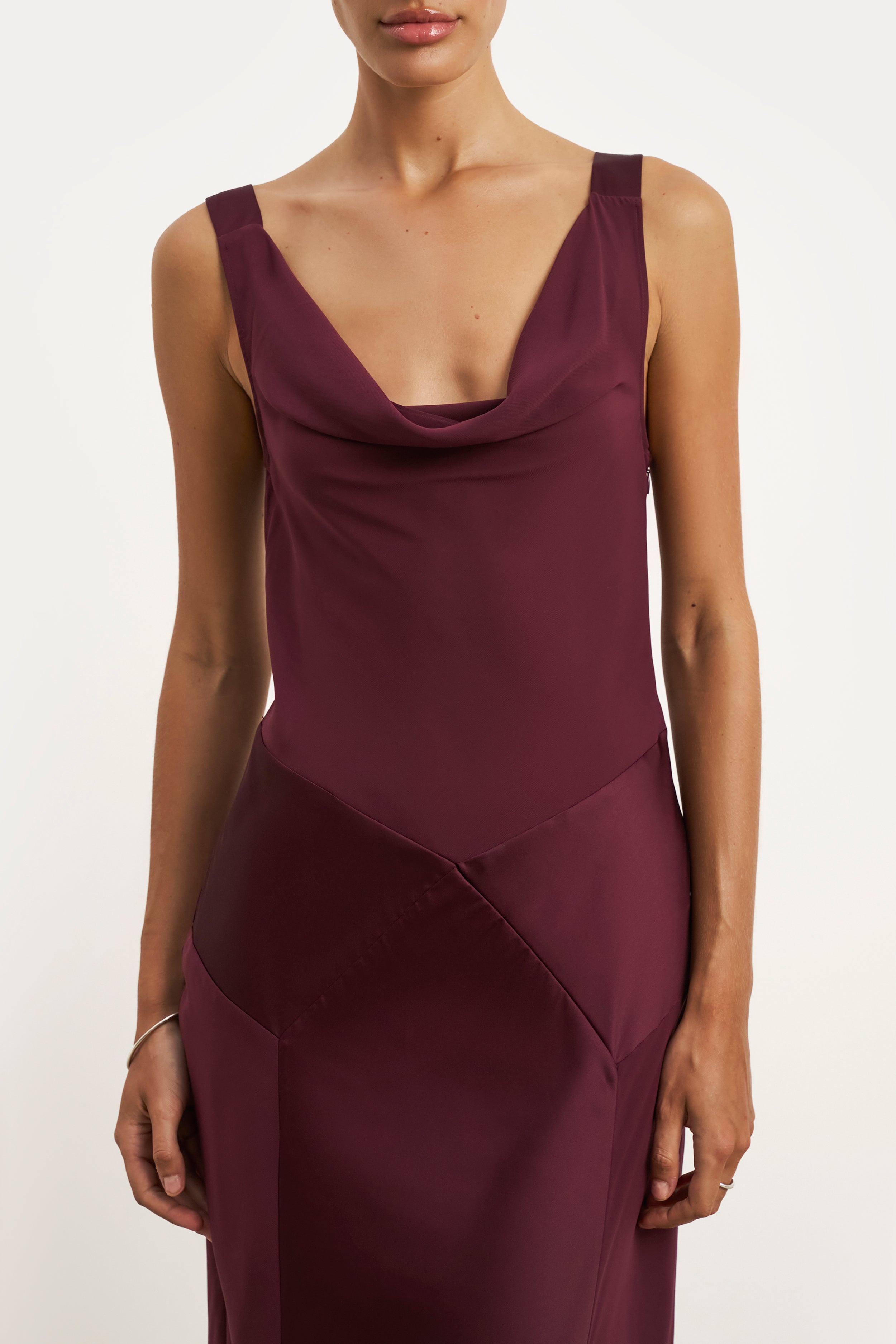 Cowl Neck Satin Panel Gown - Mulberry