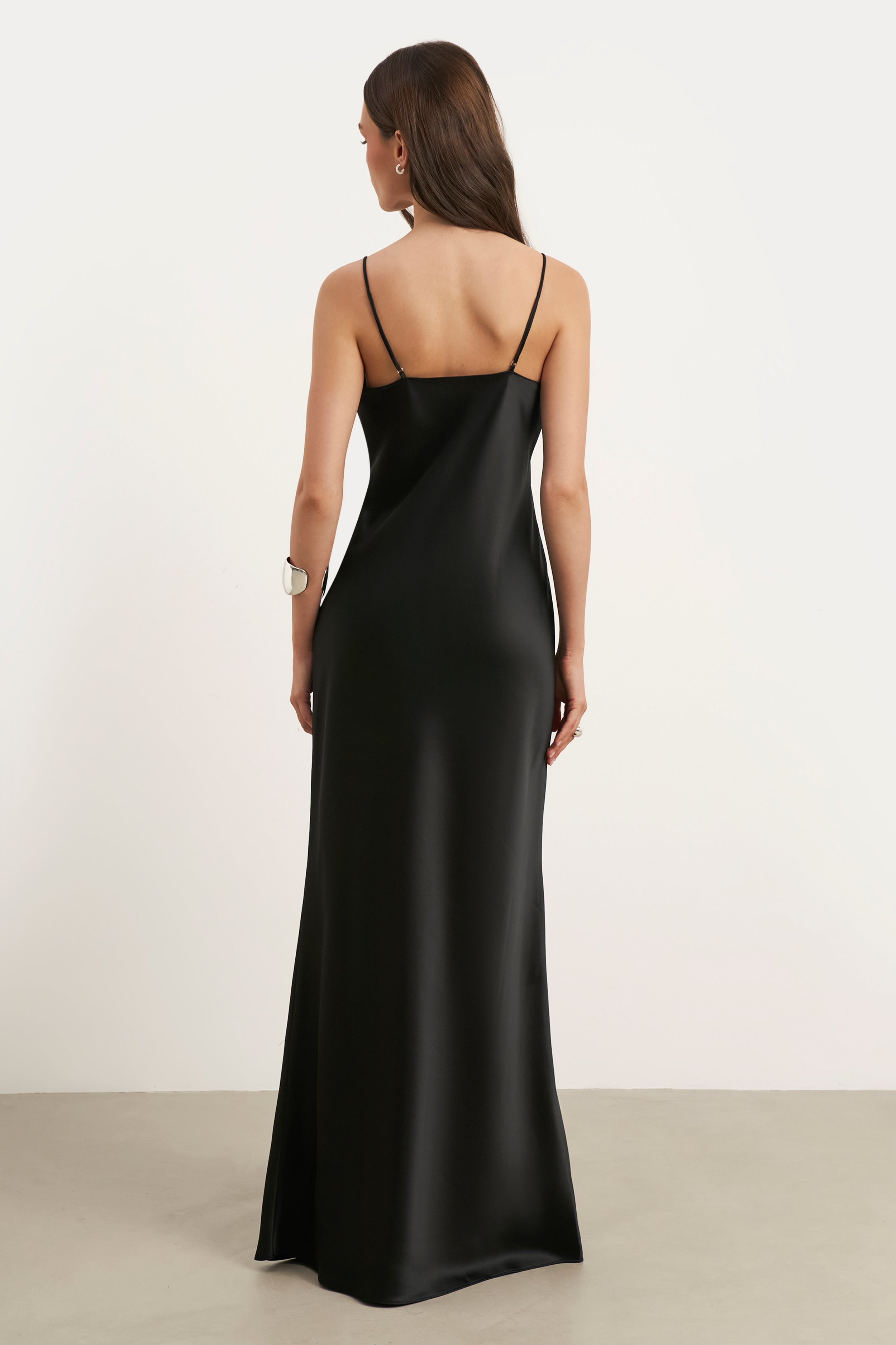 Satin Lace Detail Camisole Maxi Dress - Black