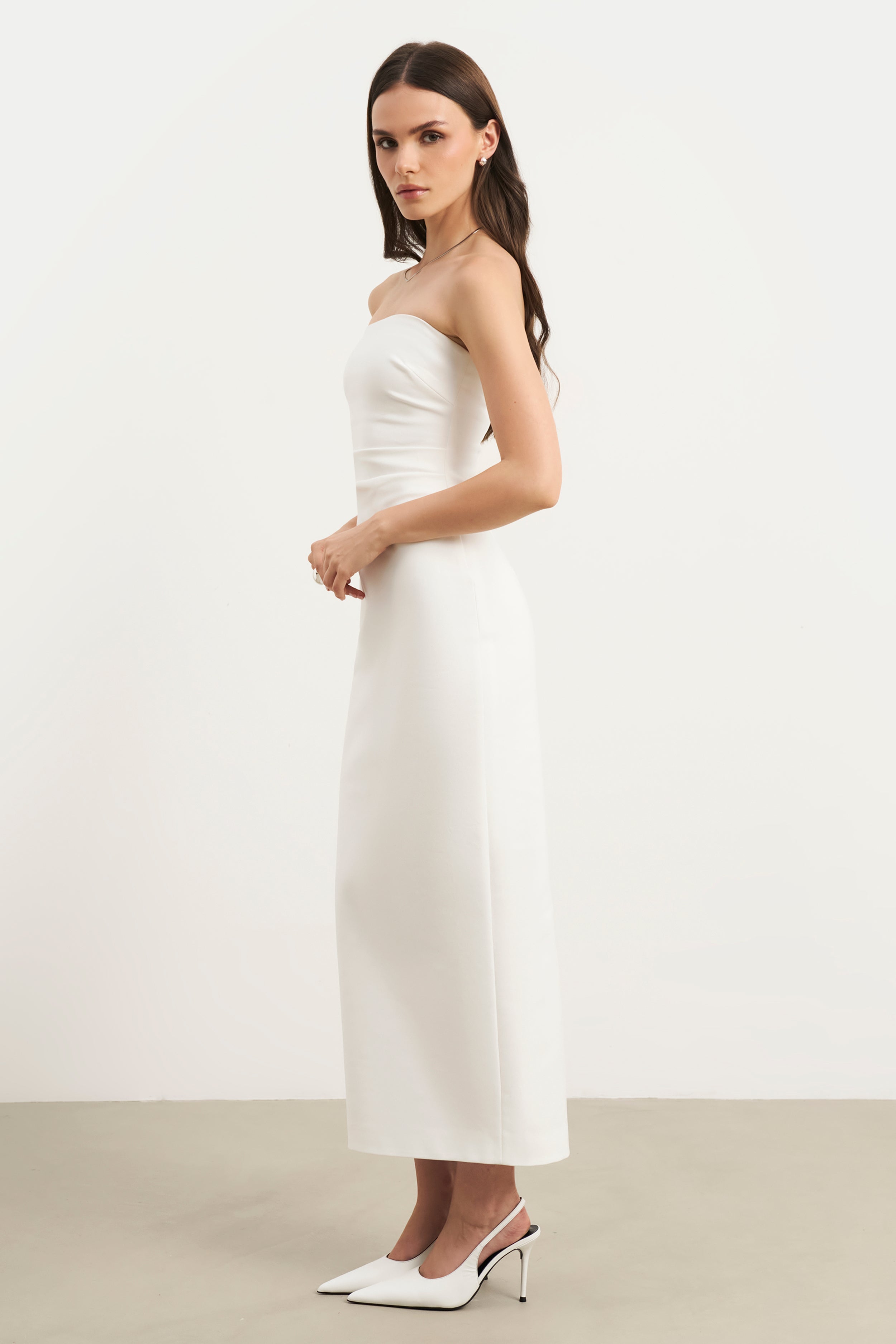 Strapless Ruched Midaxi Dress - White