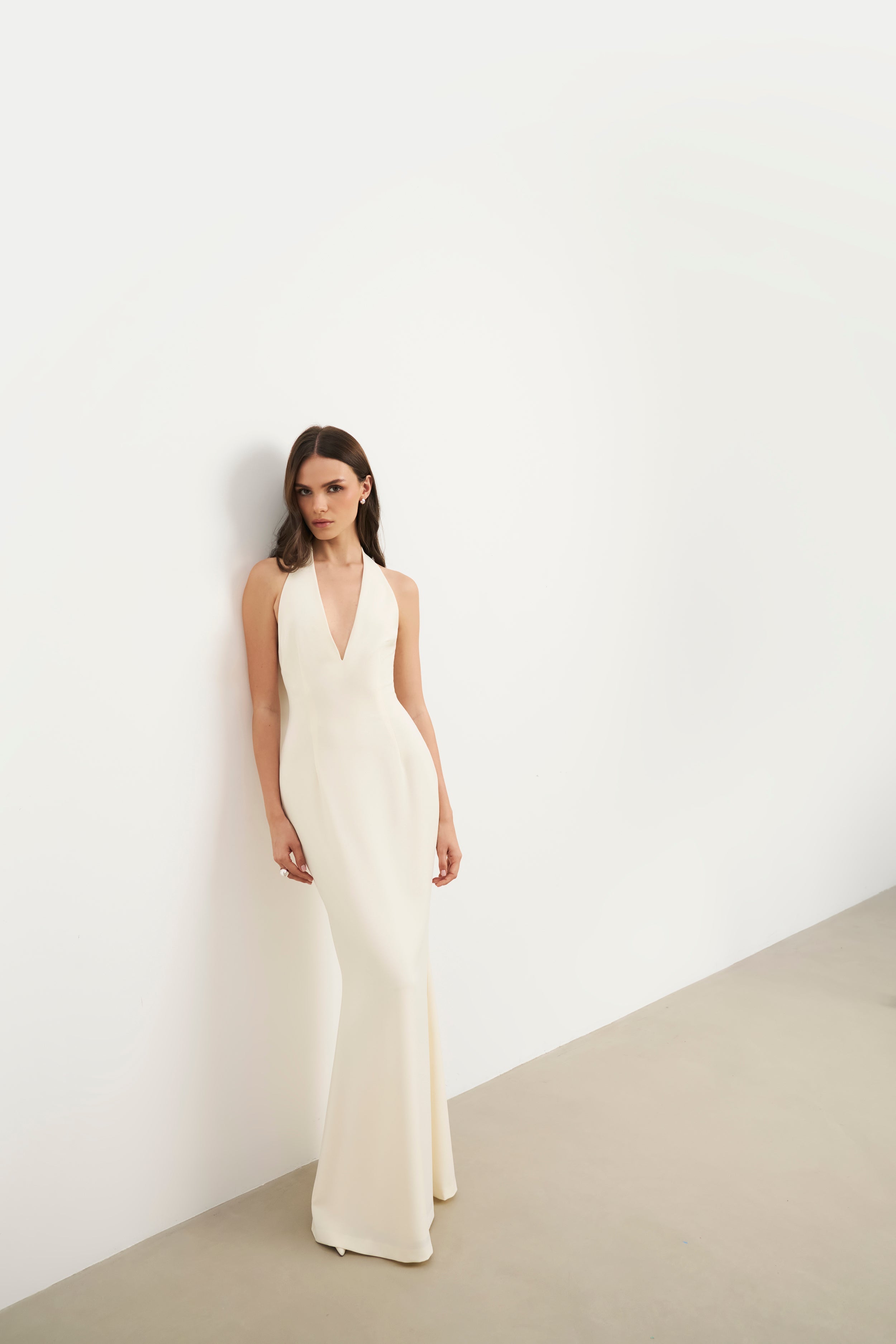 Plunging V Neck Halter Gown - Cream