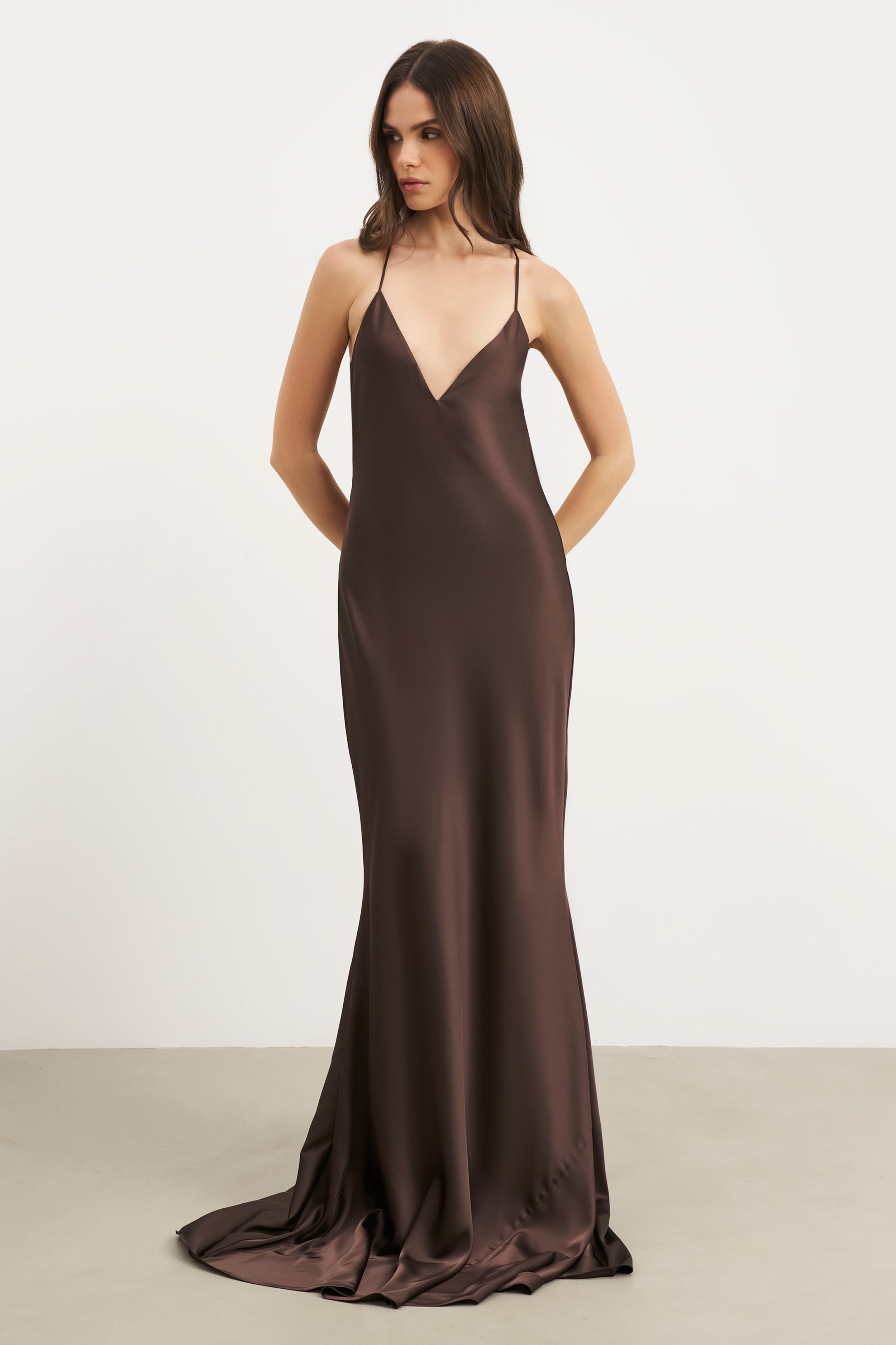 Satin Slinky Cowl Back Gown - Carob