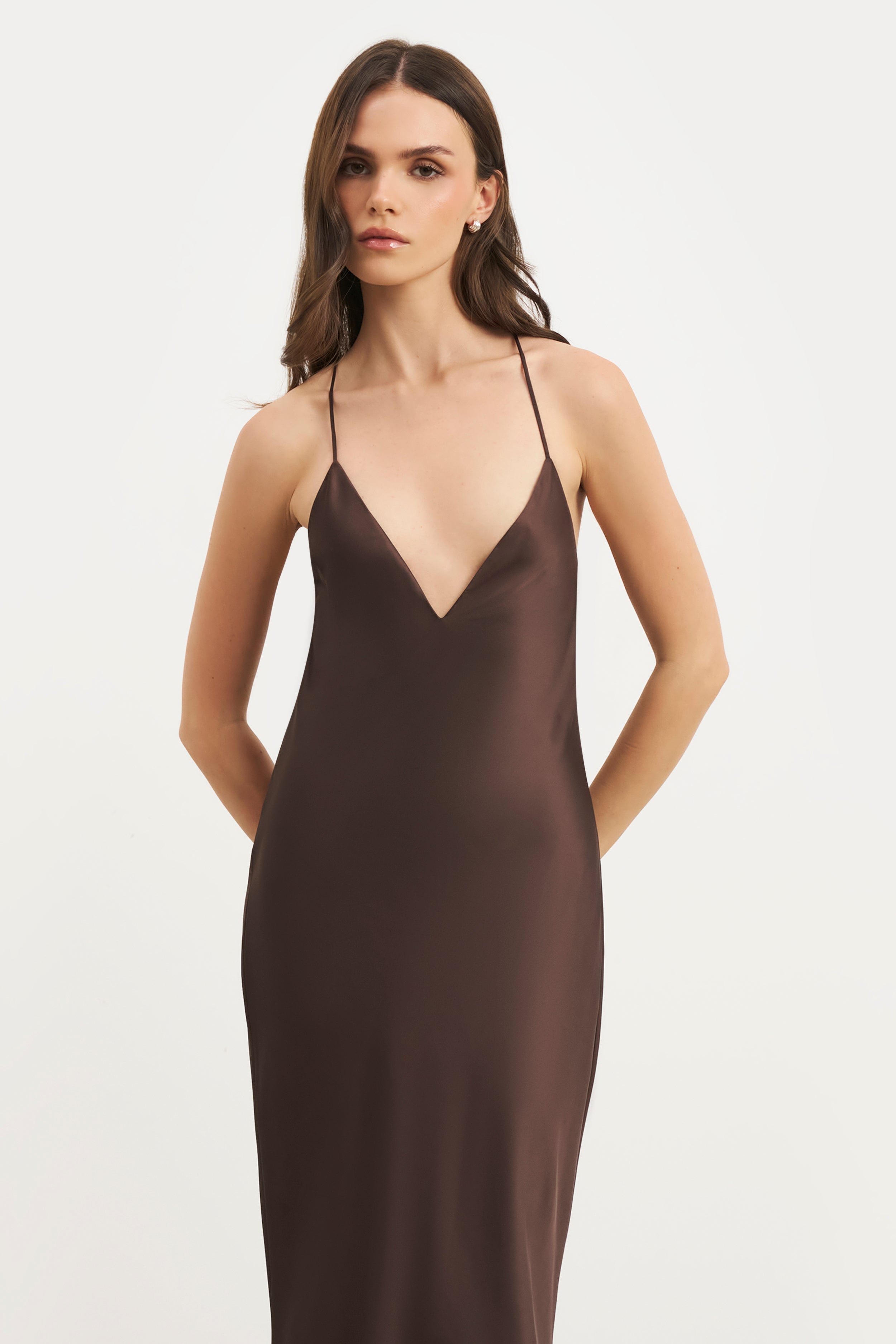 Satin Slinky Cowl Back Gown - Carob