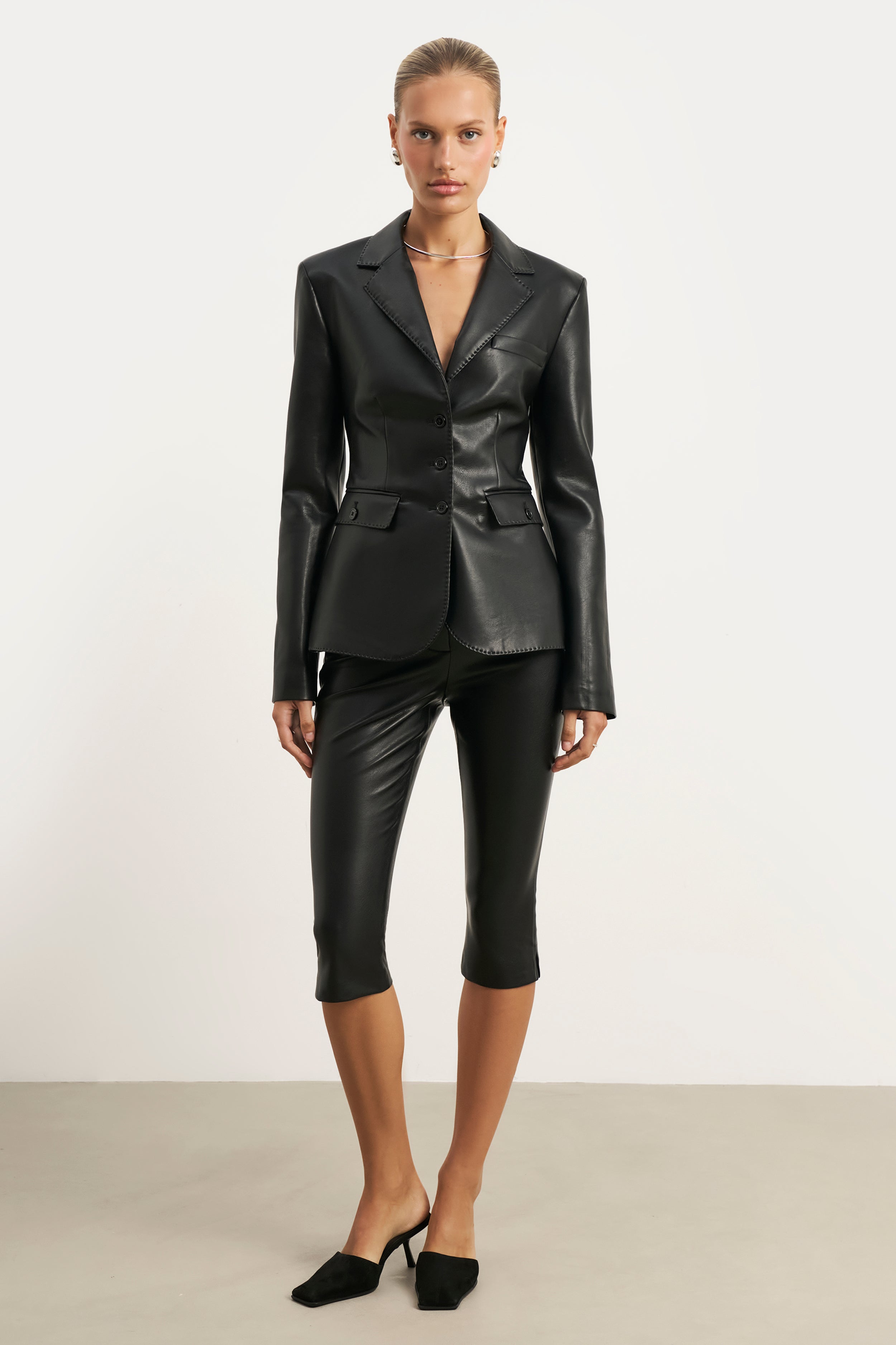 Cinched Waist Leather Blazer - Black
