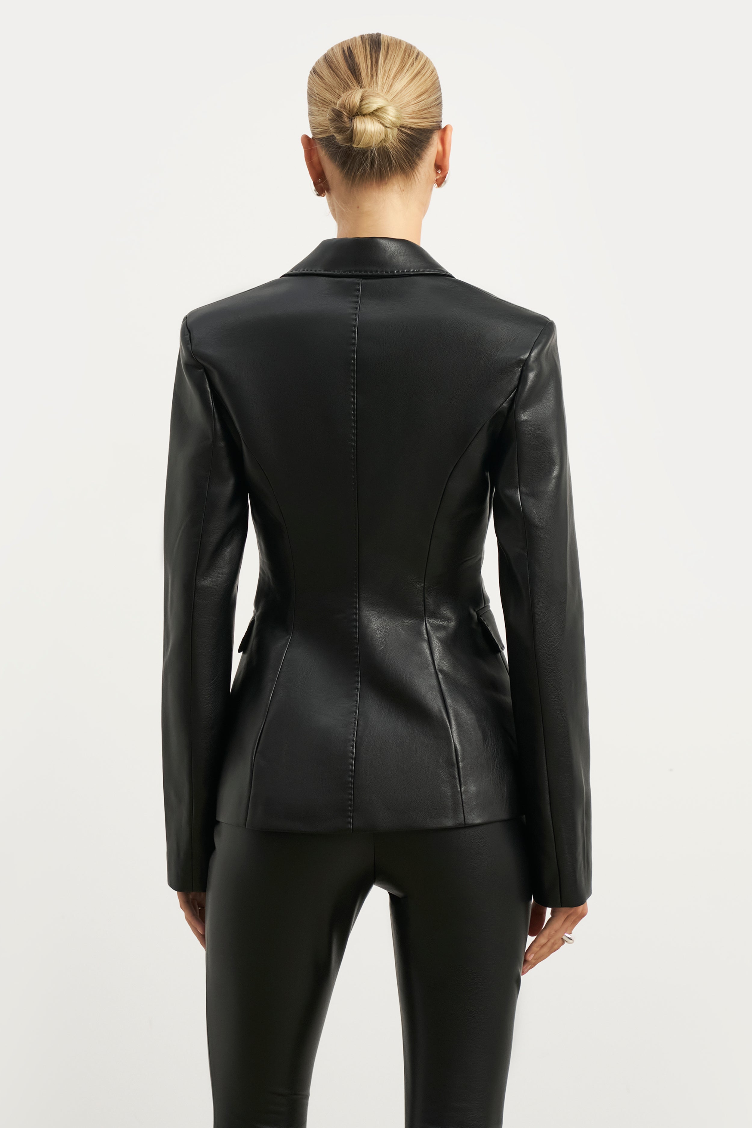 Cinched Waist Leather Blazer - Black