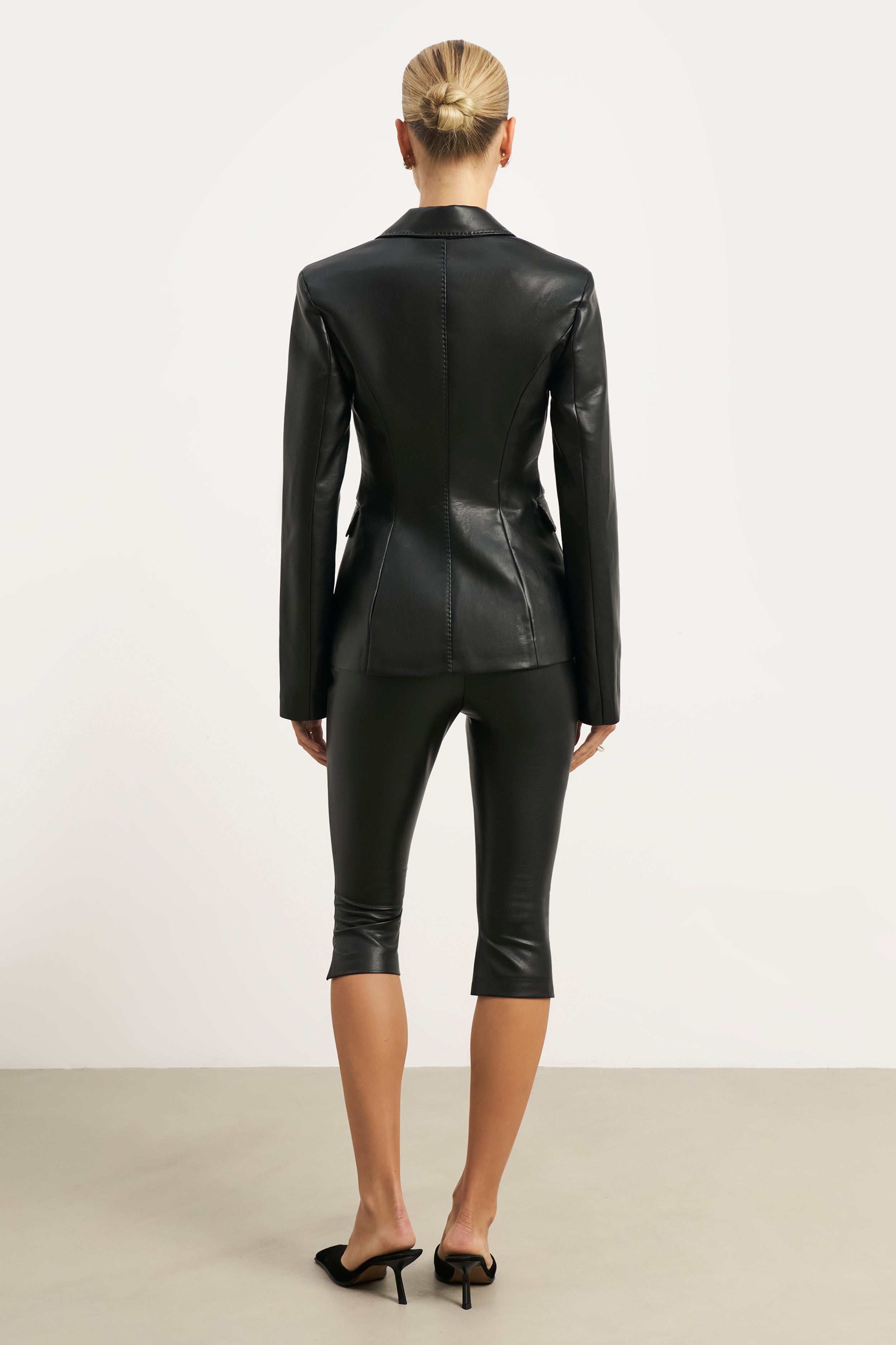 Cinched Waist Leather Blazer - Black