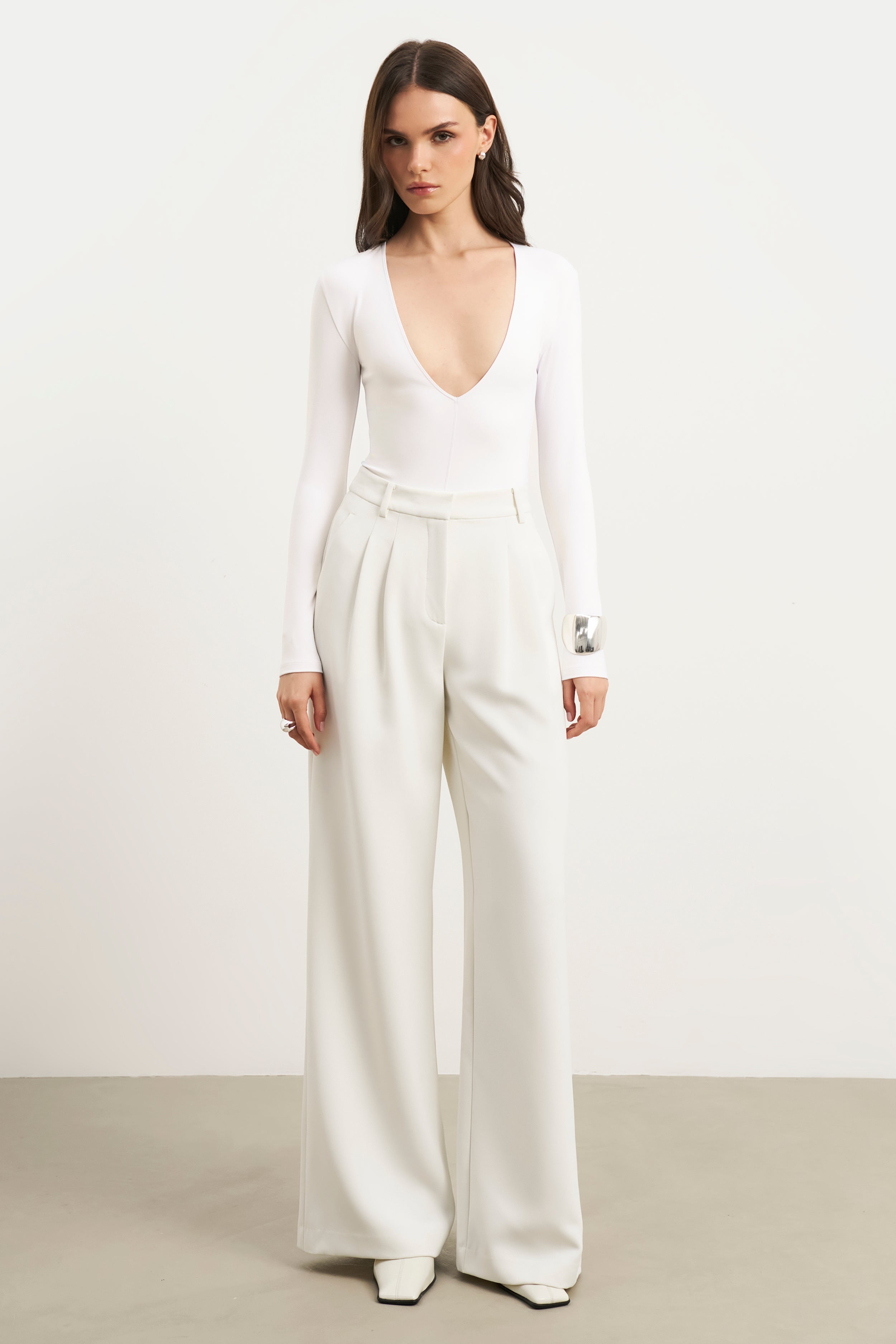 Longsleeve V Neck Plunge Bodysuit - White