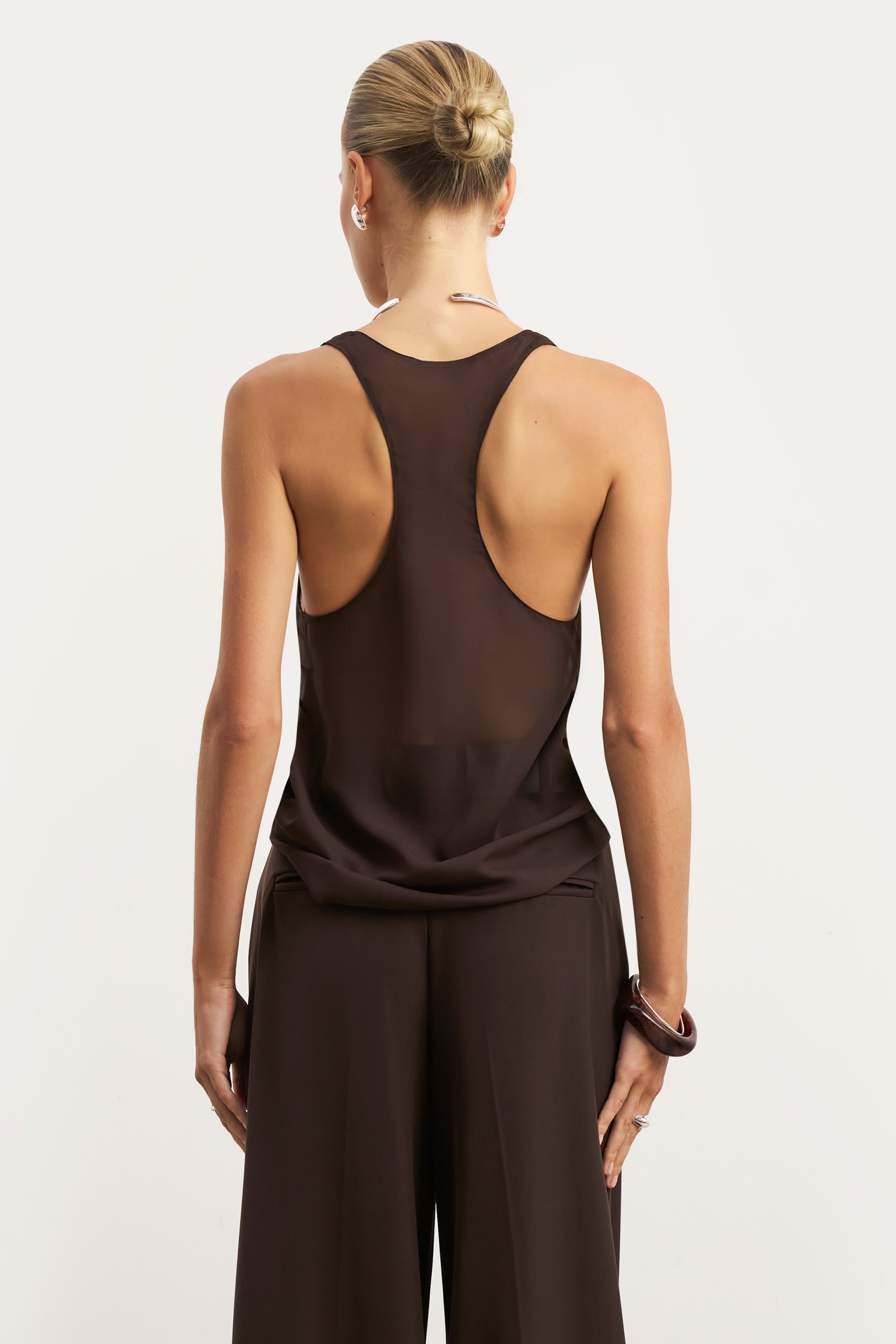Sheer Plunge U Neck Tank Top - Carob