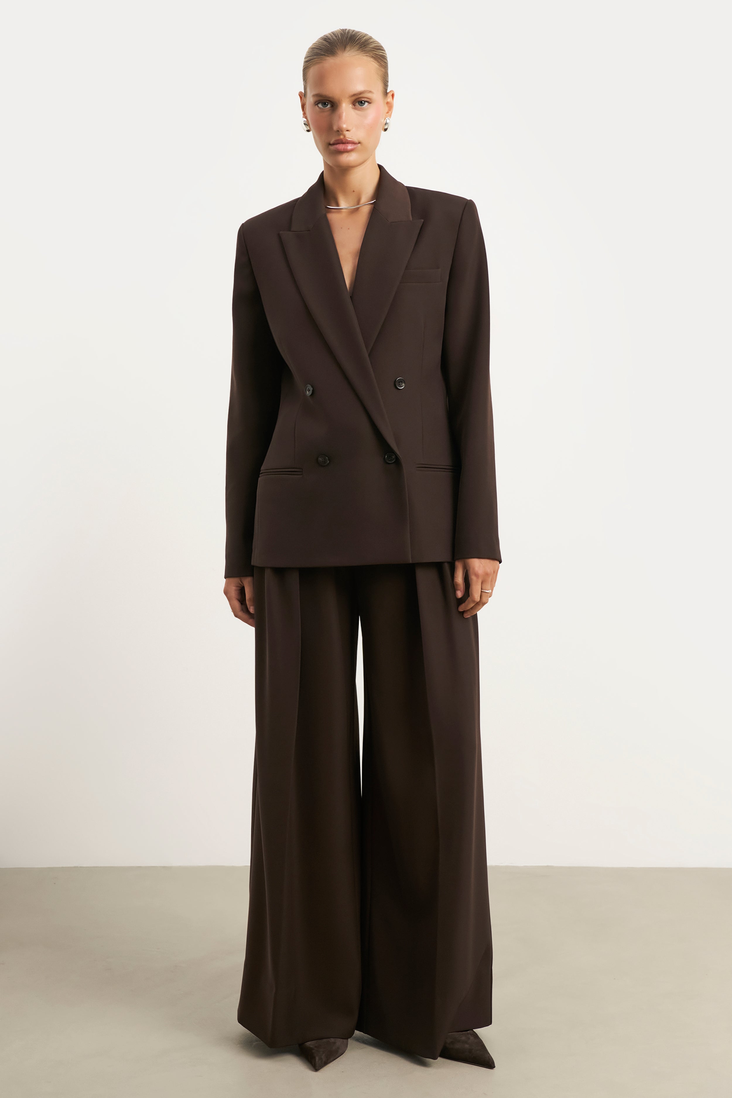 Dropped Waist Double Breasted Blazer - Carob