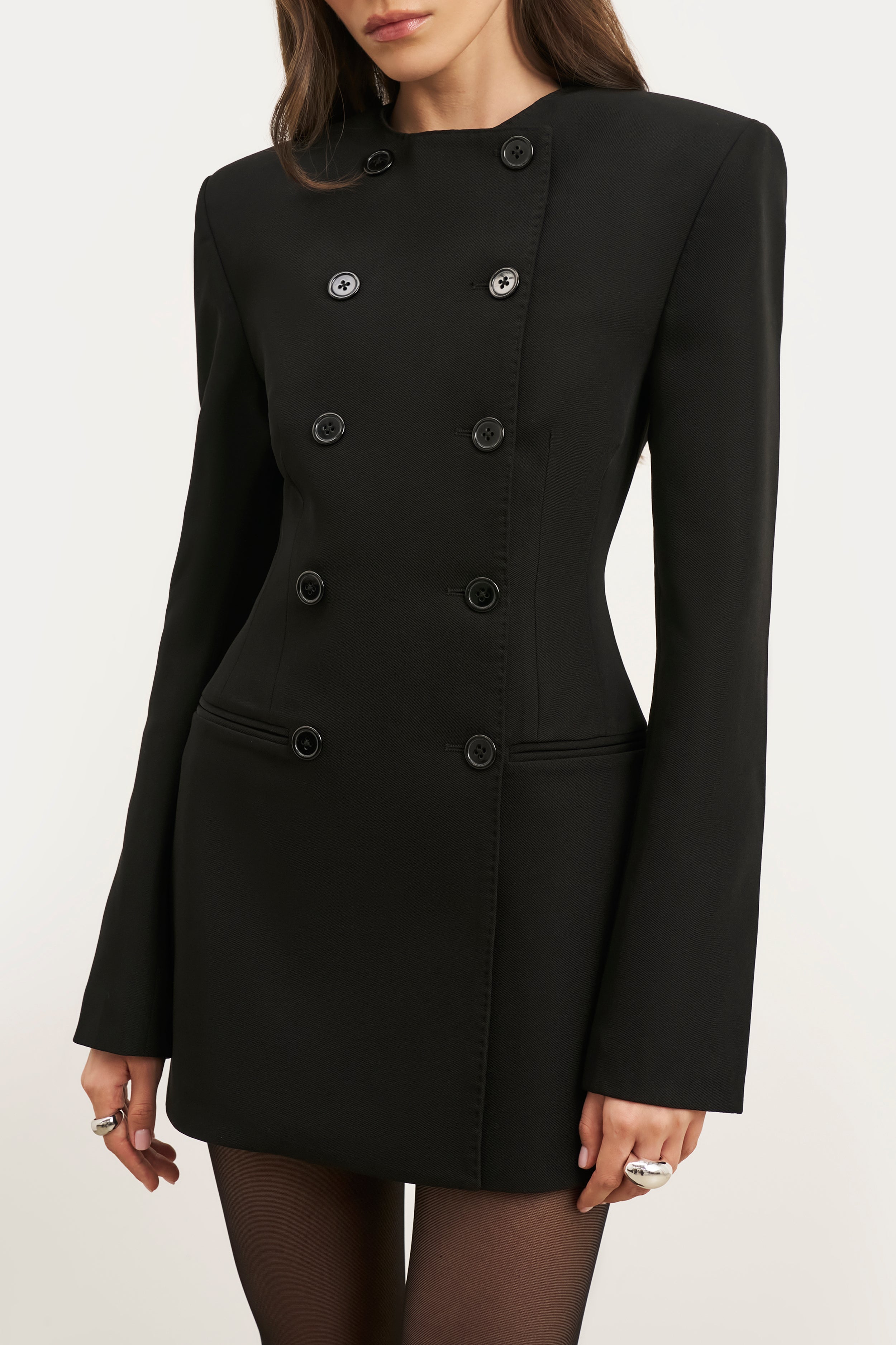 Tailored Collarless Blazer Dress - Black