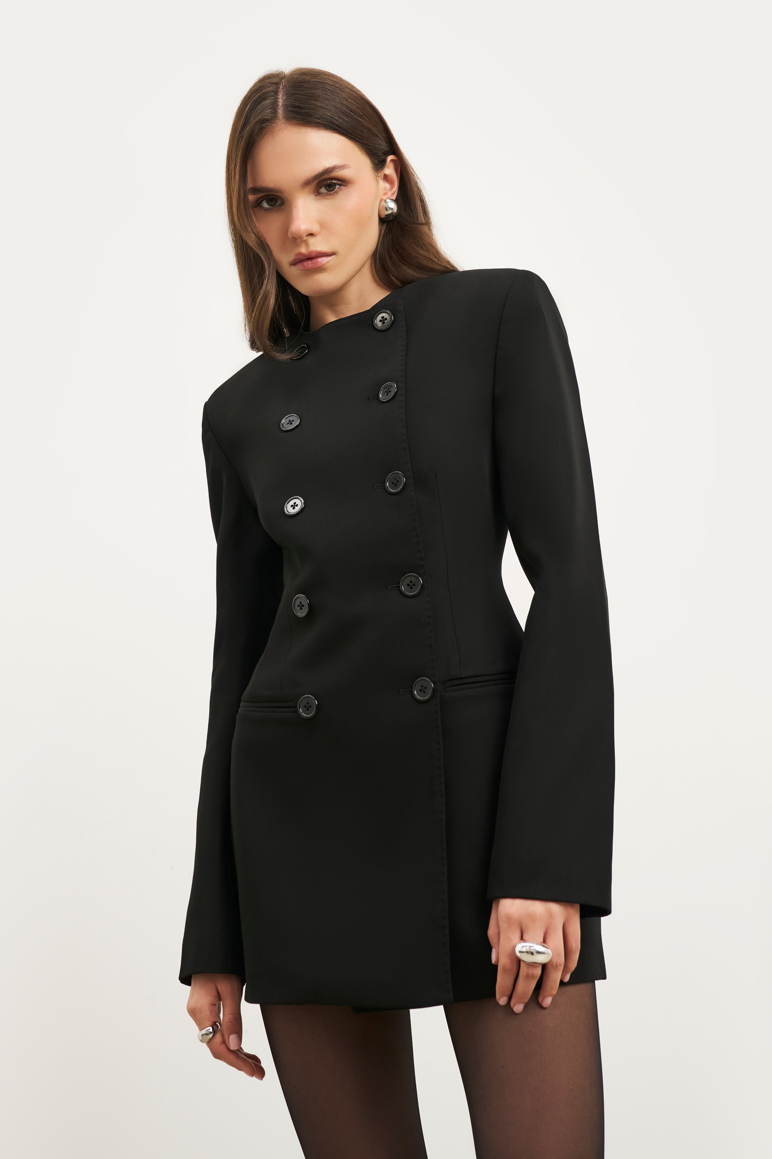 Tailored Collarless Blazer Dress - Black
