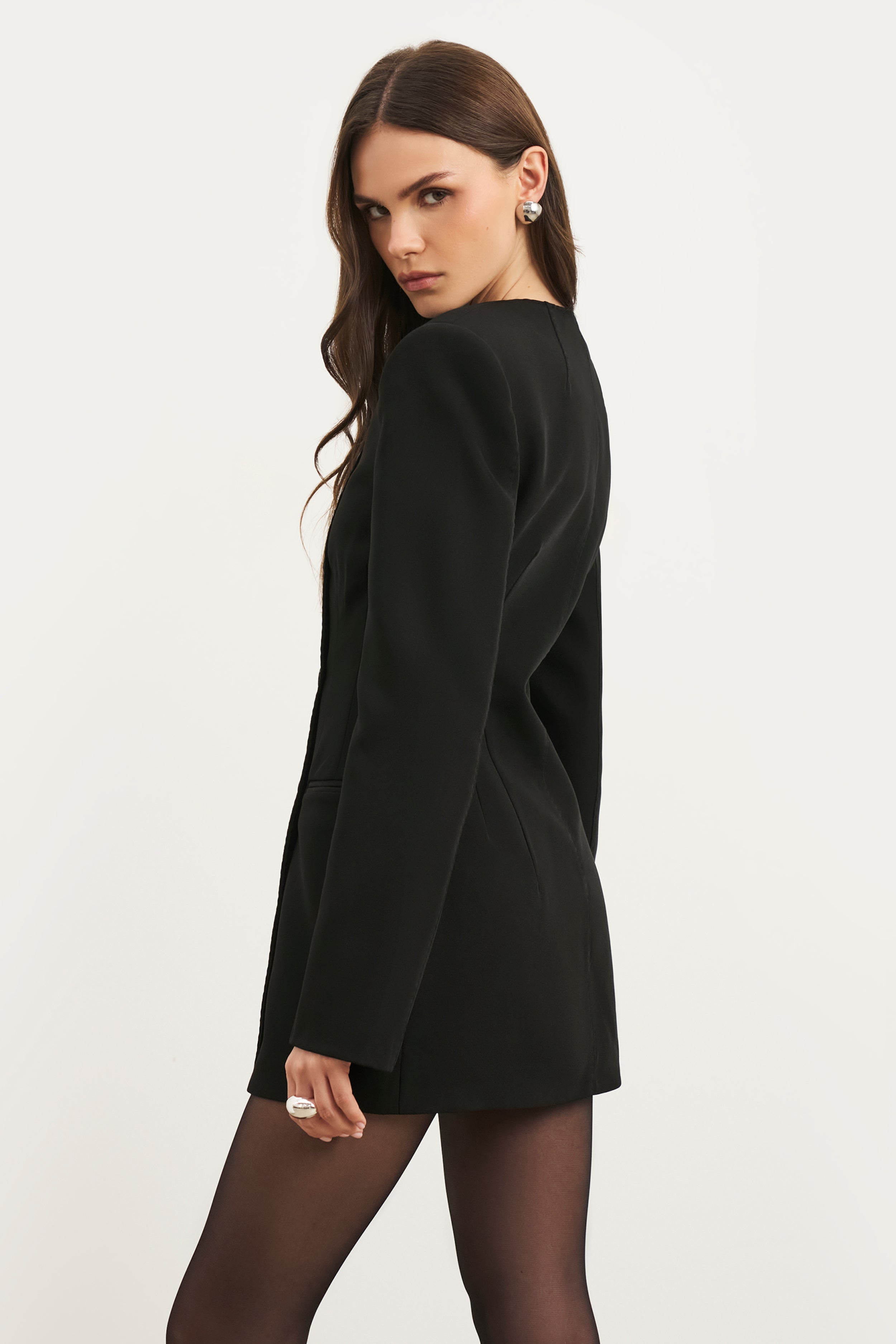Tailored Collarless Blazer Dress - Black