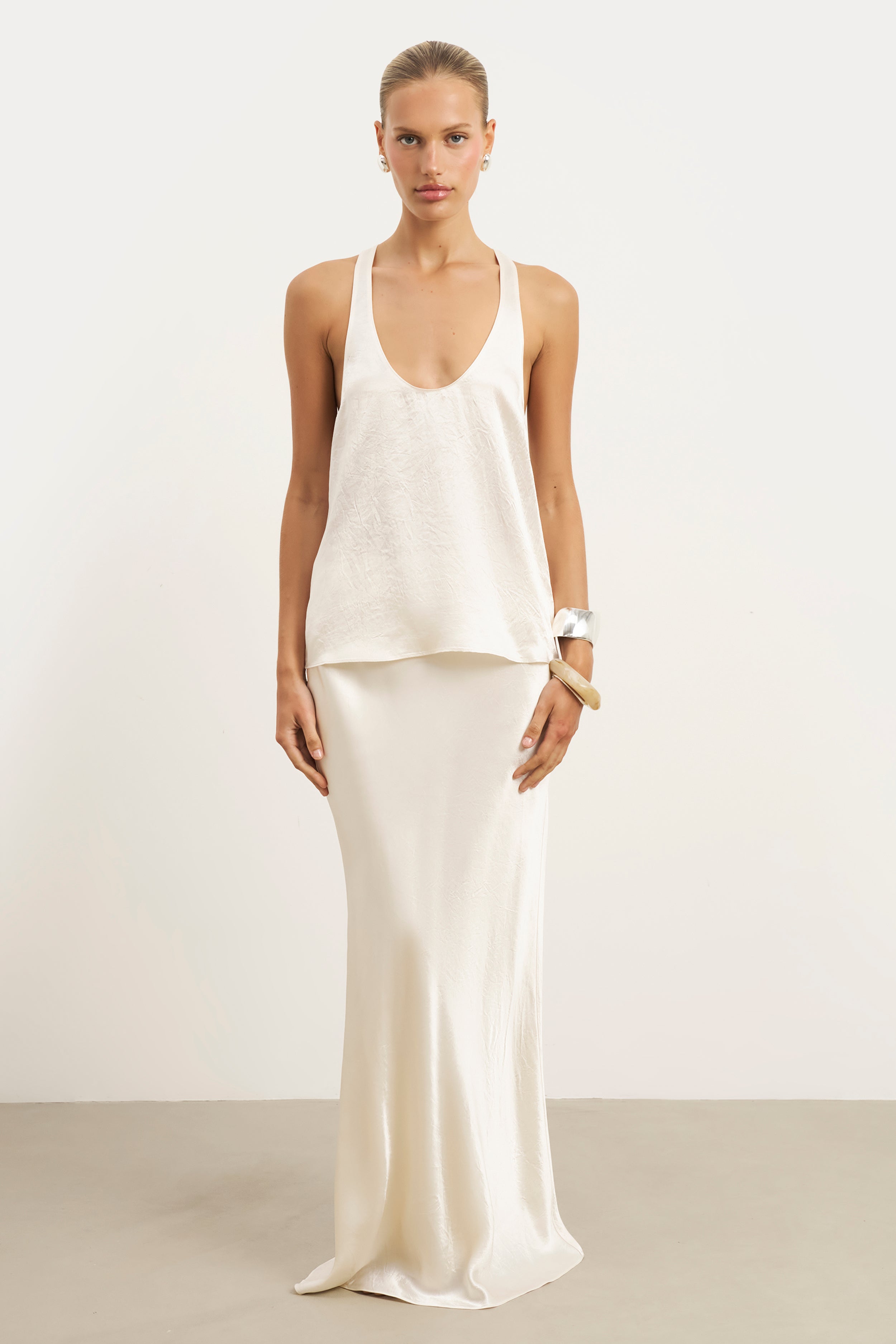 Crushed Satin Bias Cut Maxi Skirt - Champagne