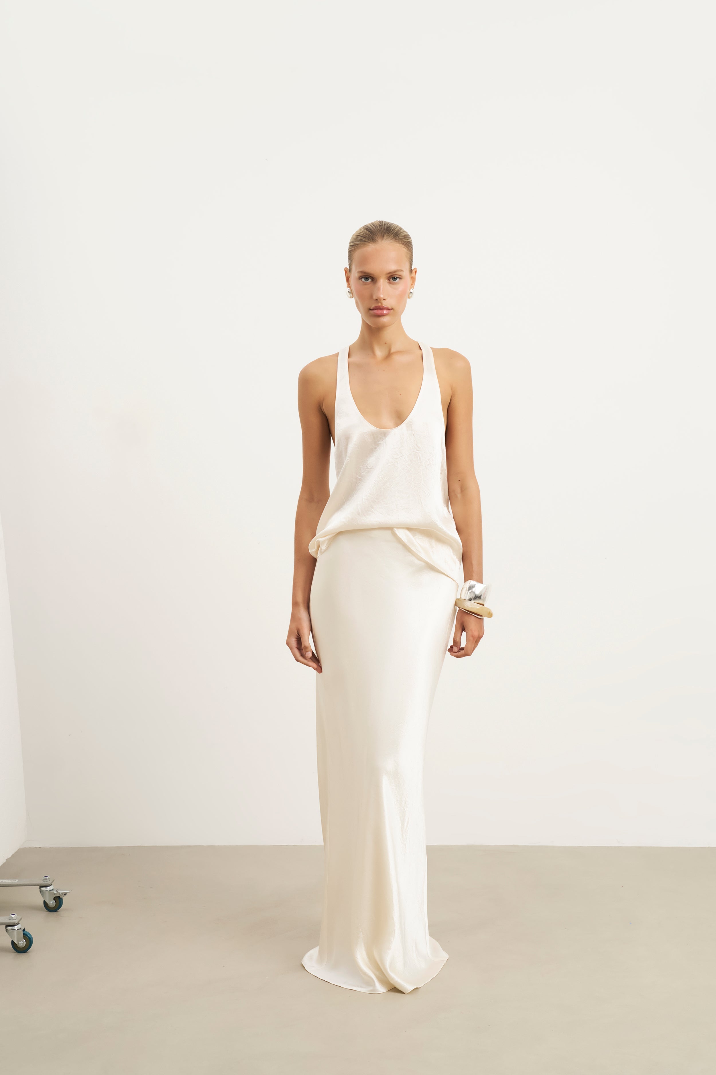 Crushed Satin Bias Cut Maxi Skirt - Champagne