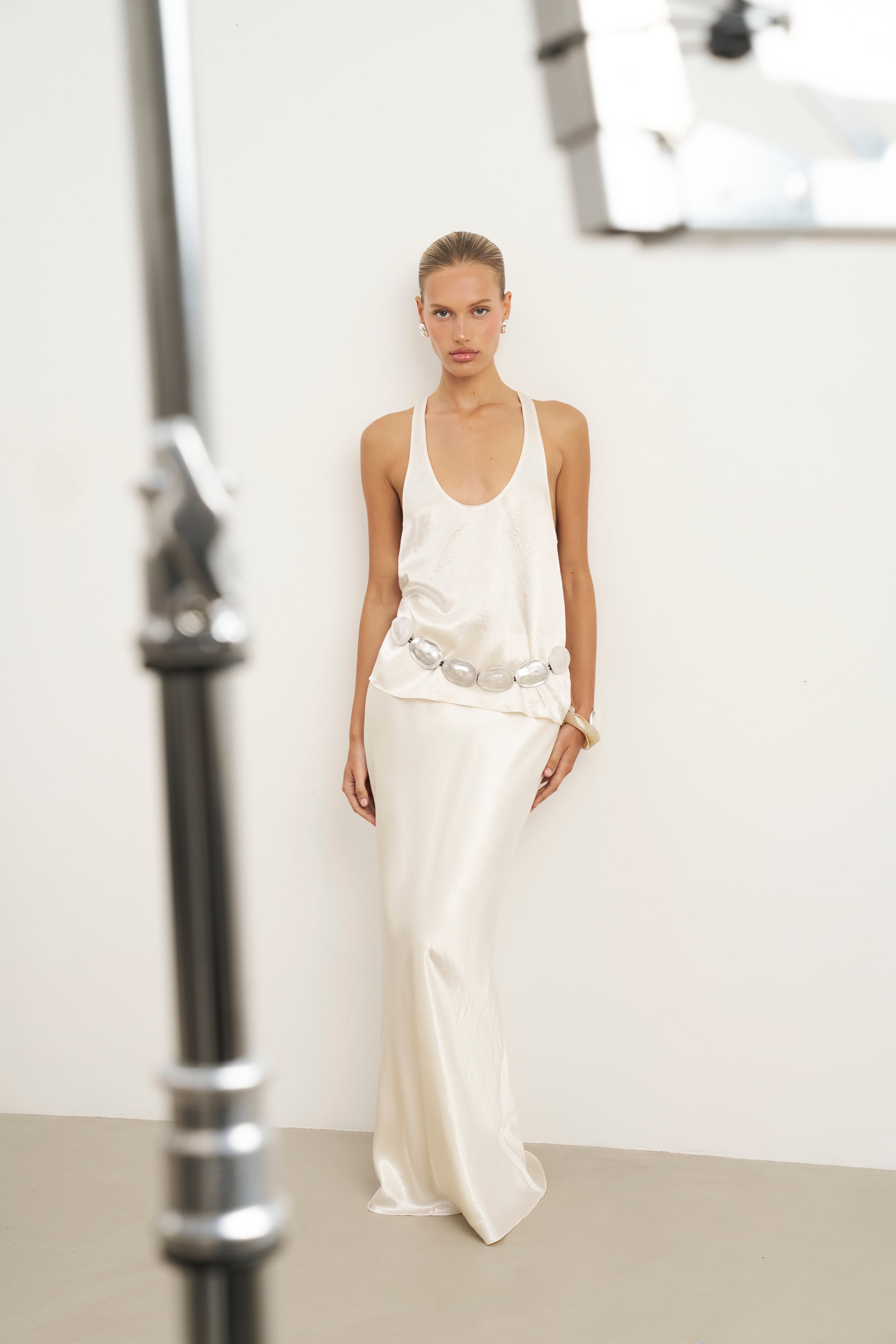 Crushed Satin Plunge U Neck Tank Top - Champagne