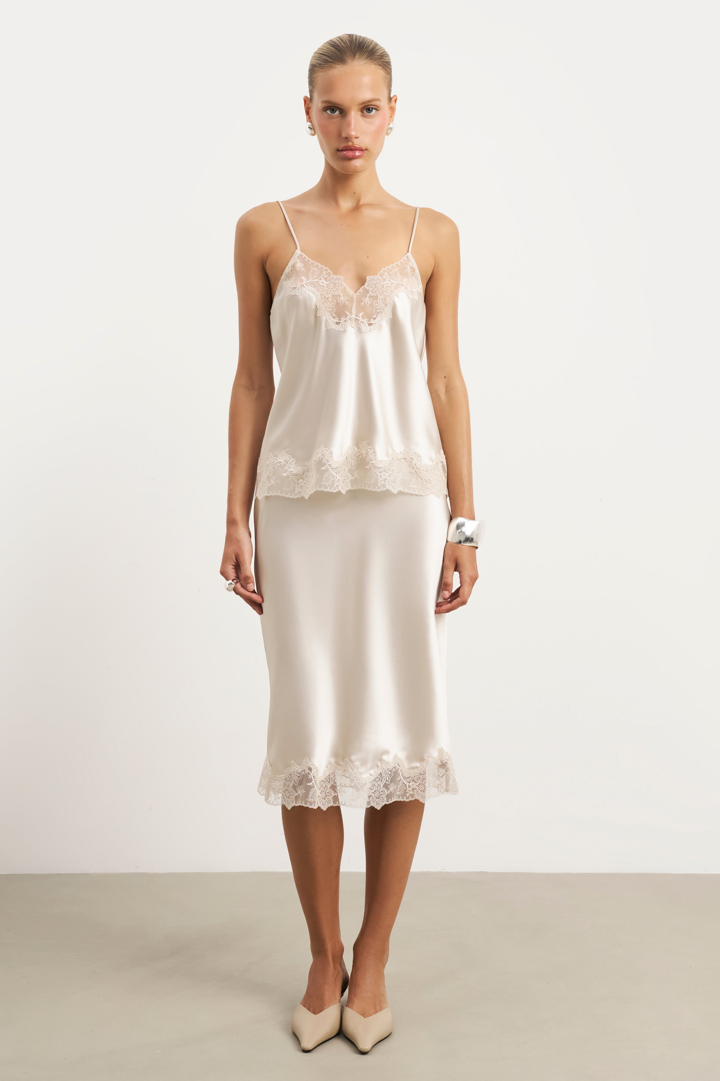 Satin Lace Detail Midi Skirt - Champagne