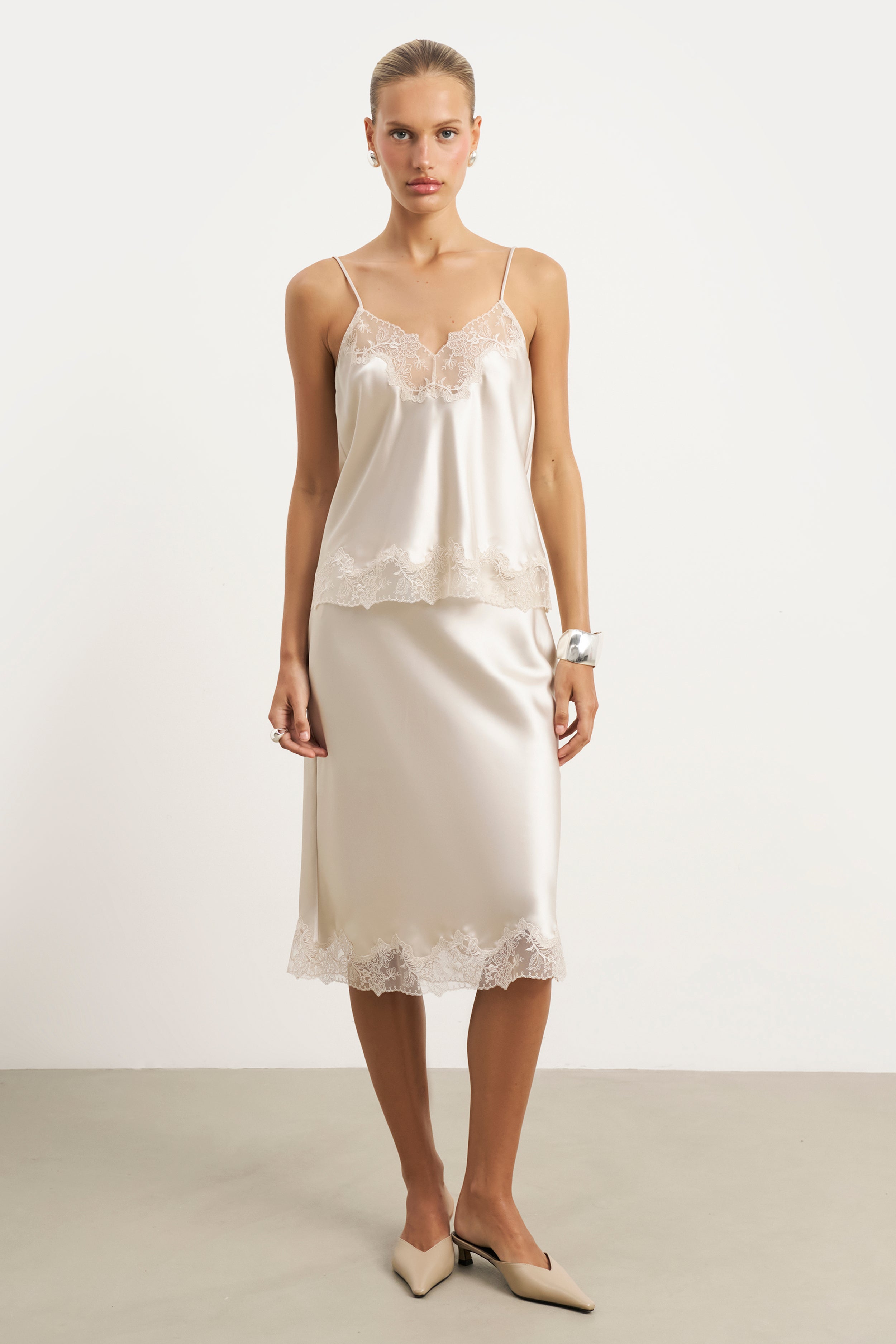 Satin Lace Detail Midi Skirt - Champagne