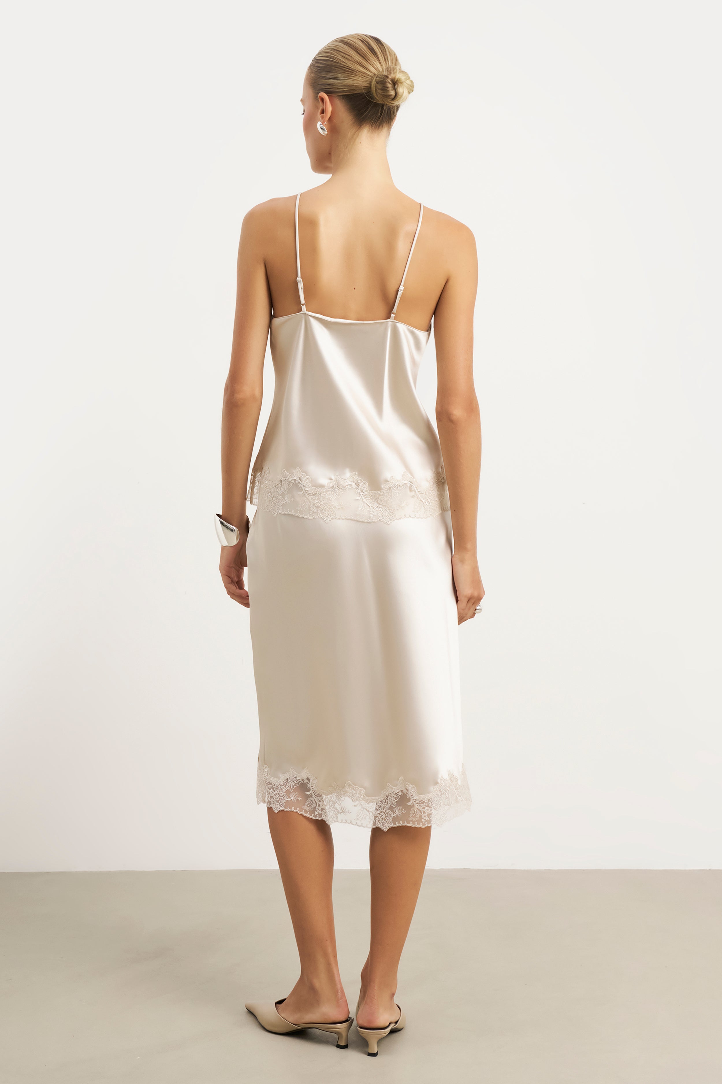 Satin Lace Detail Midi Skirt - Champagne