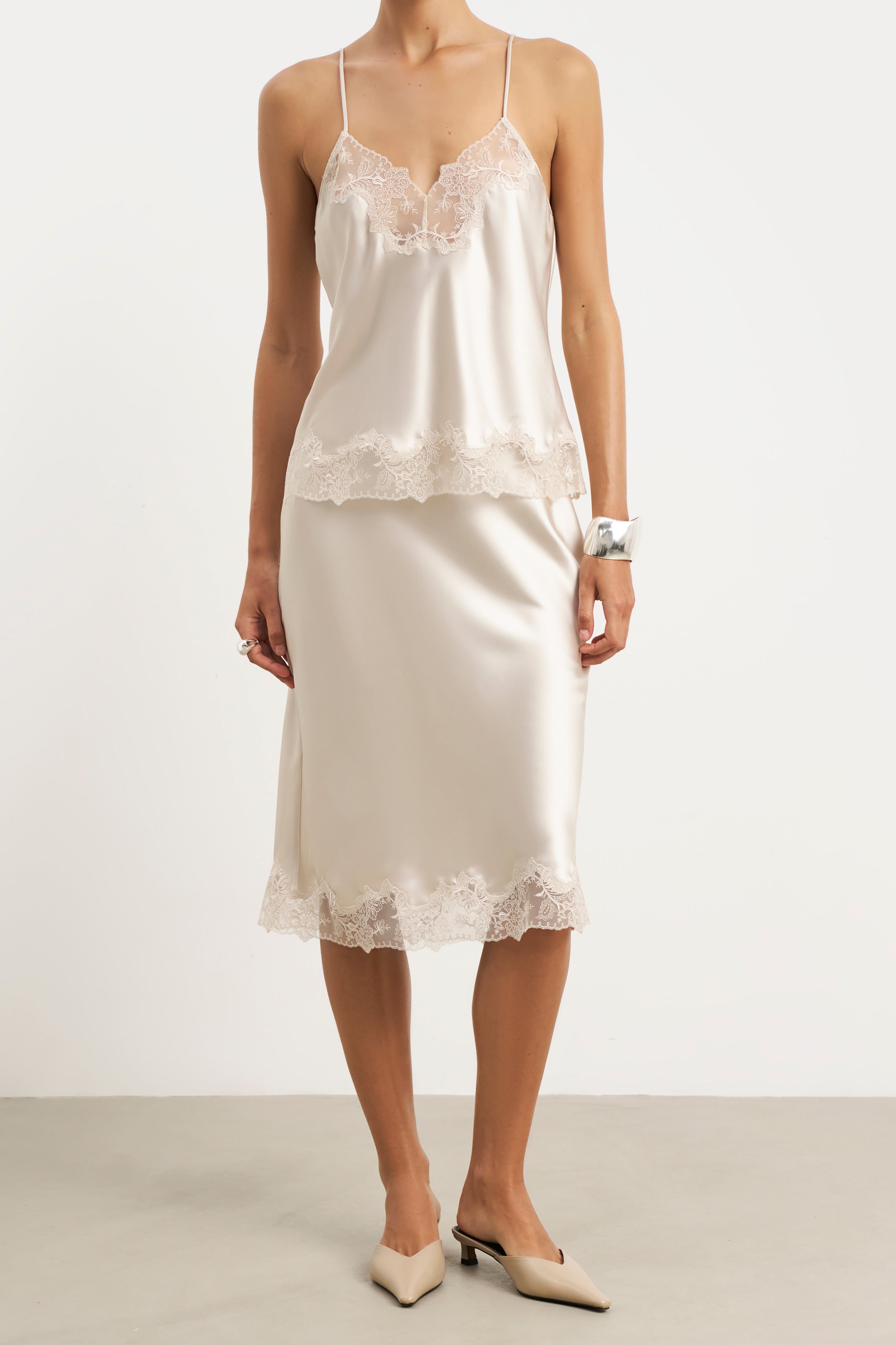 Satin Lace Detail Midi Skirt - Champagne