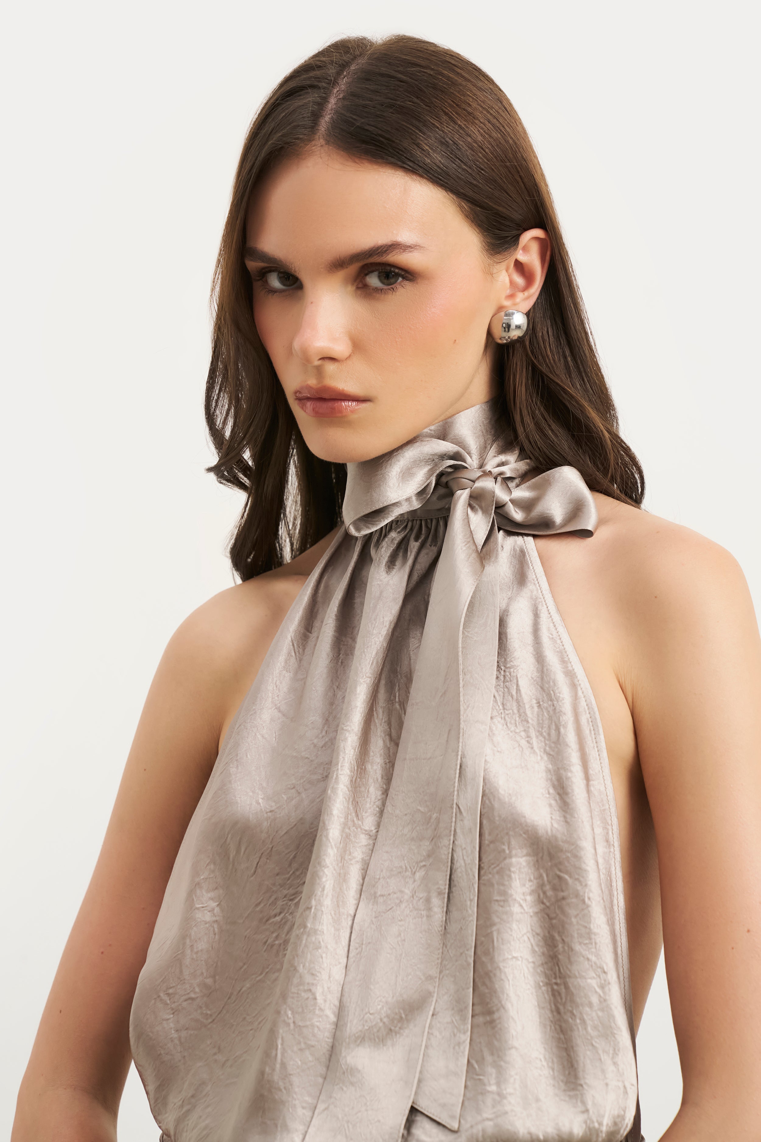 Crushed Satin Backless Halterneck Top - Pebble