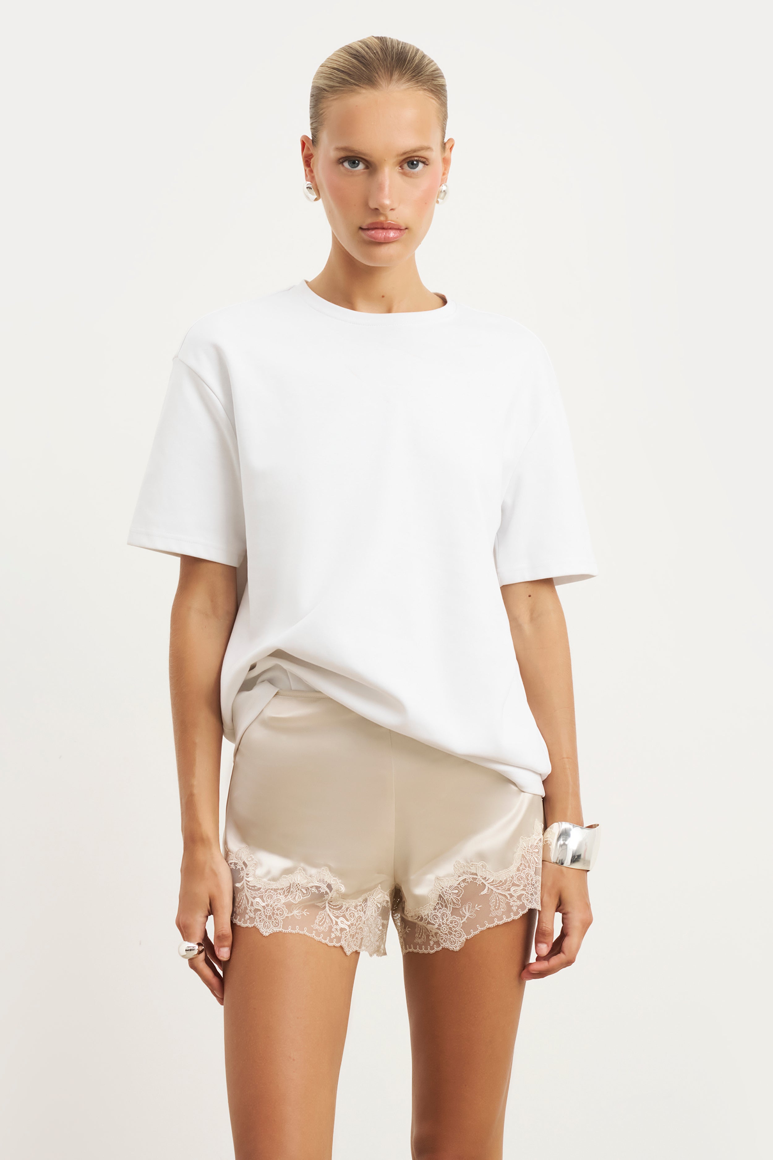 Satin Lace Detail Shorts - Champagne
