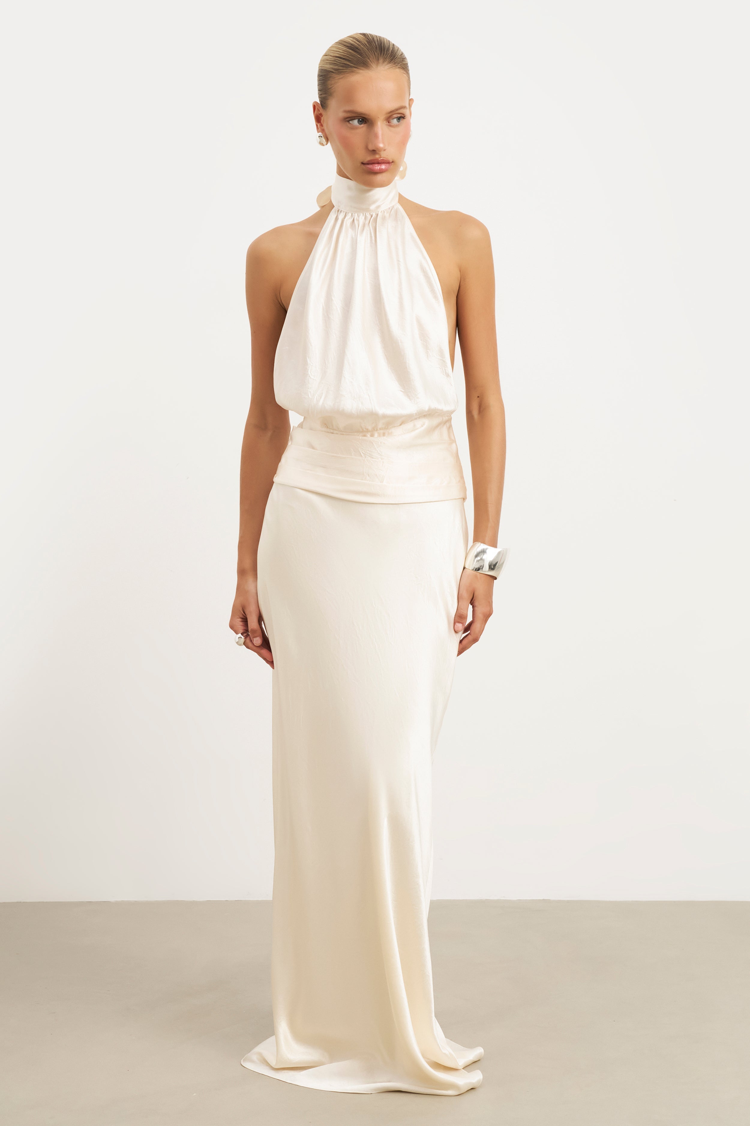 Crushed Satin Bias Cut Maxi Skirt - Champagne