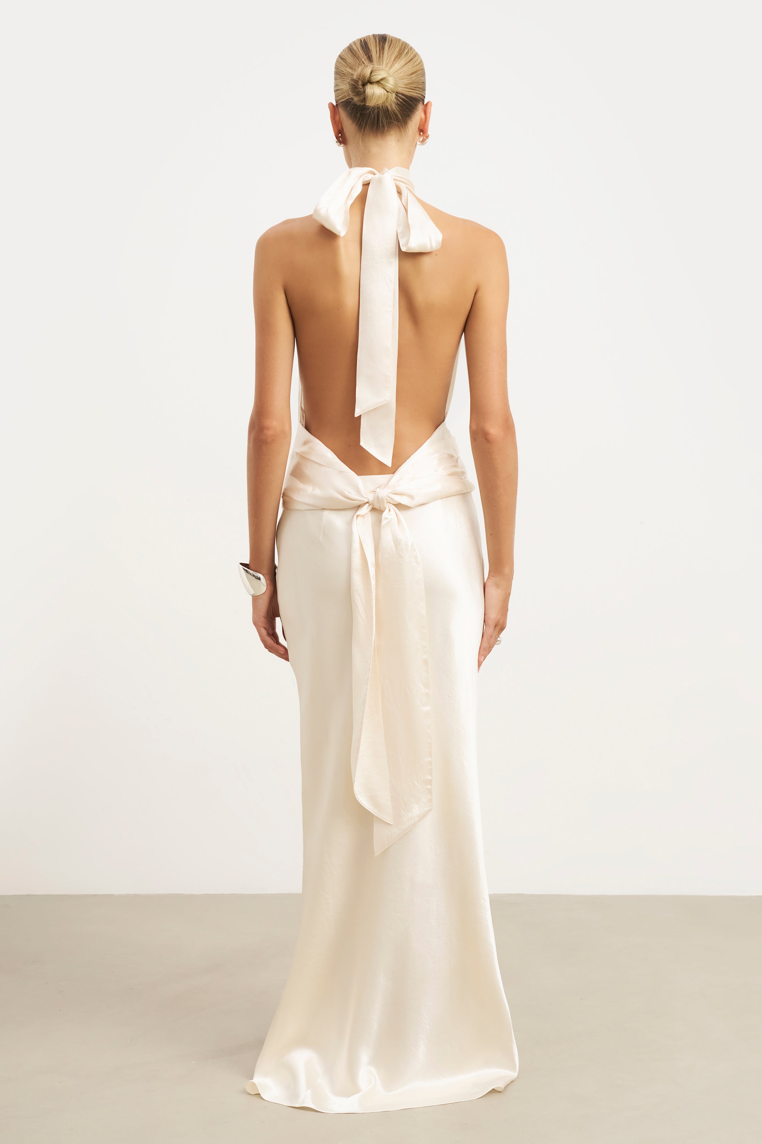 Crushed Satin Backless Halterneck Top - Champagne