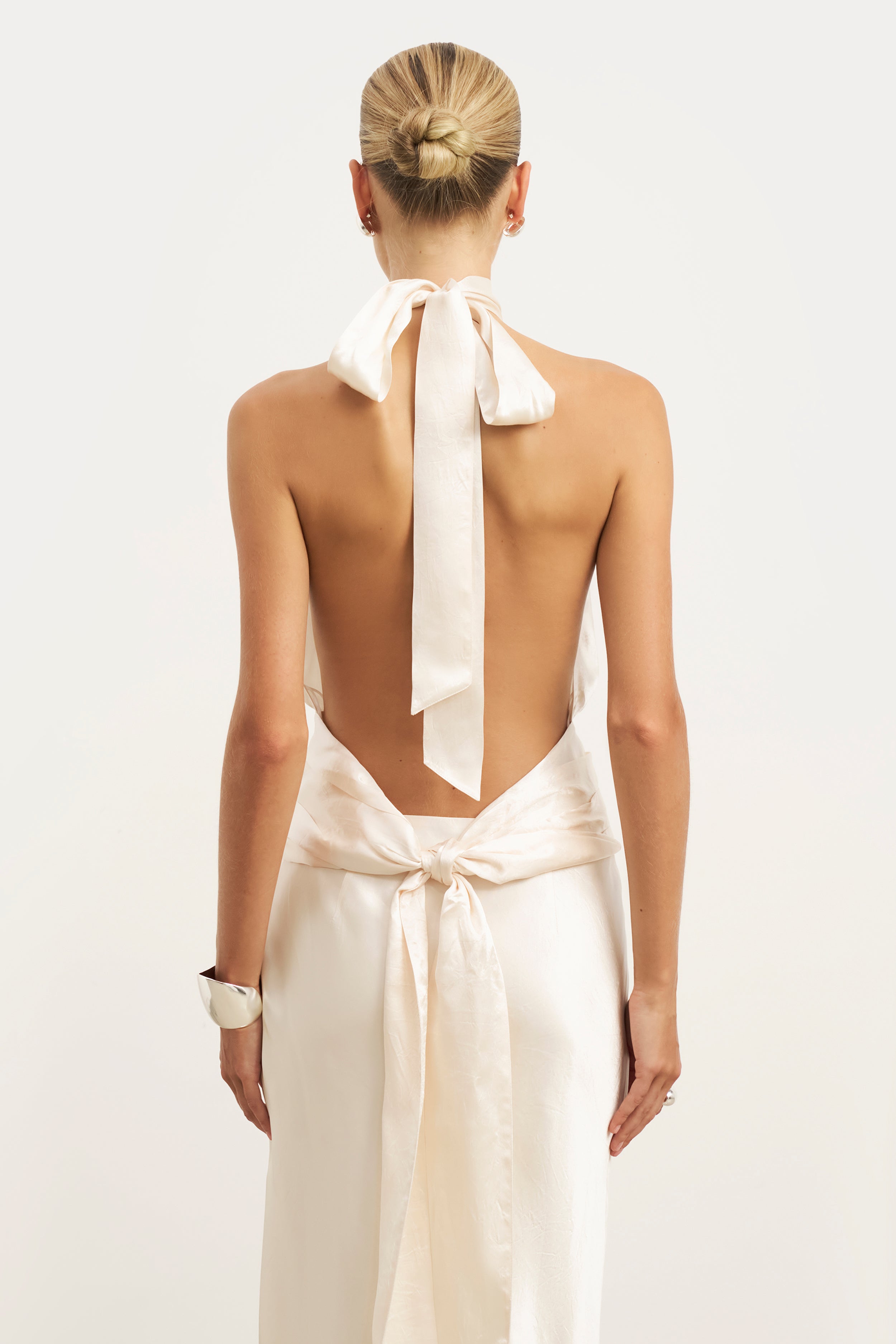 Crushed Satin Backless Halterneck Top - Champagne