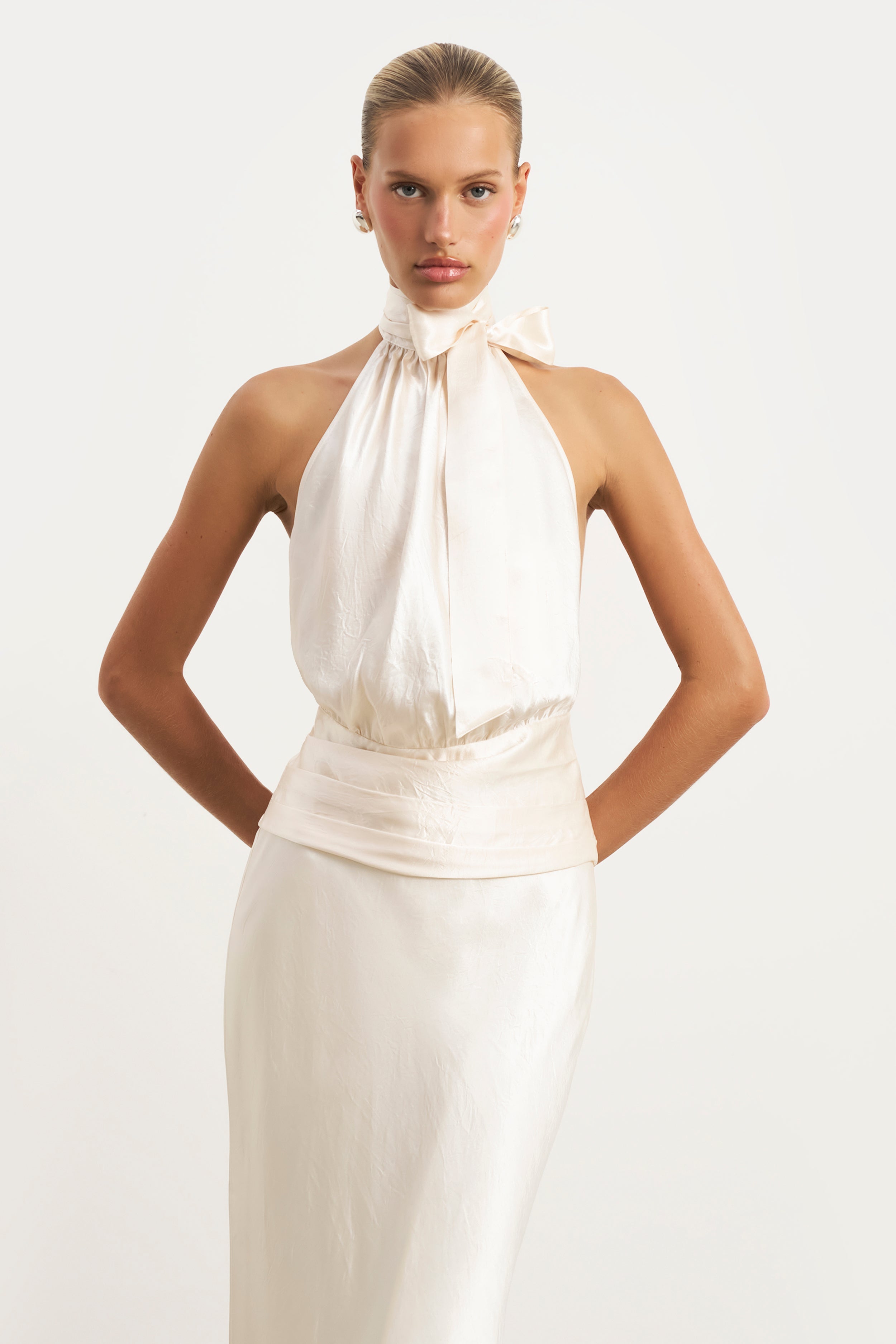 Crushed Satin Backless Halterneck Top - Champagne