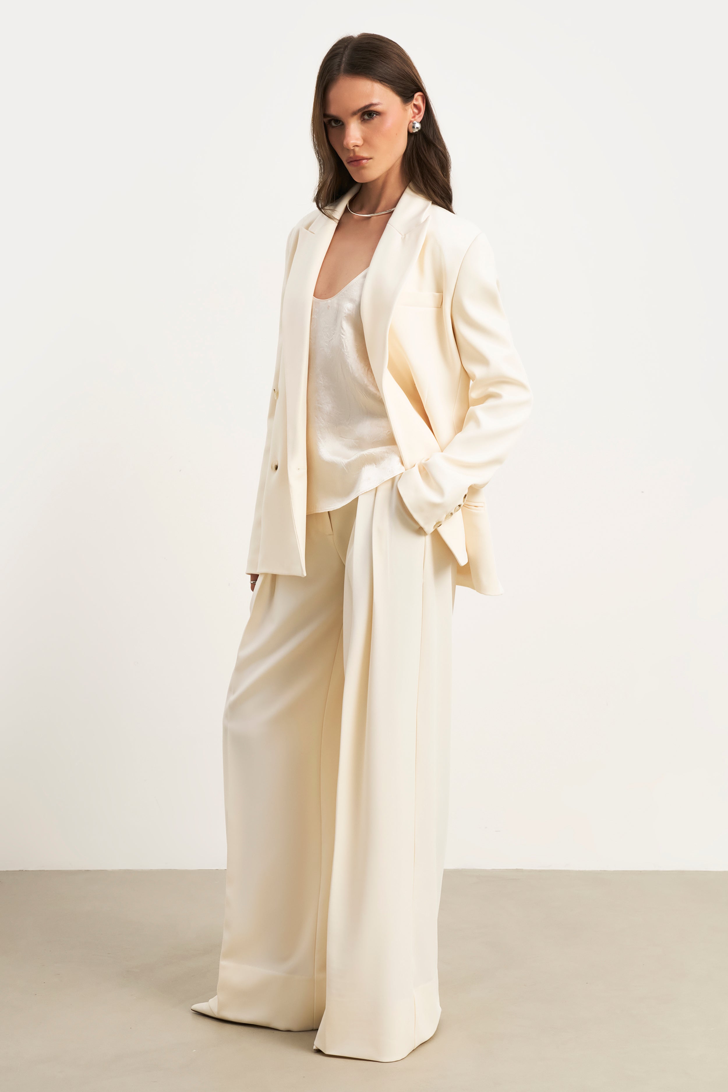 Dropped Waist Double Breasted Blazer - Cream