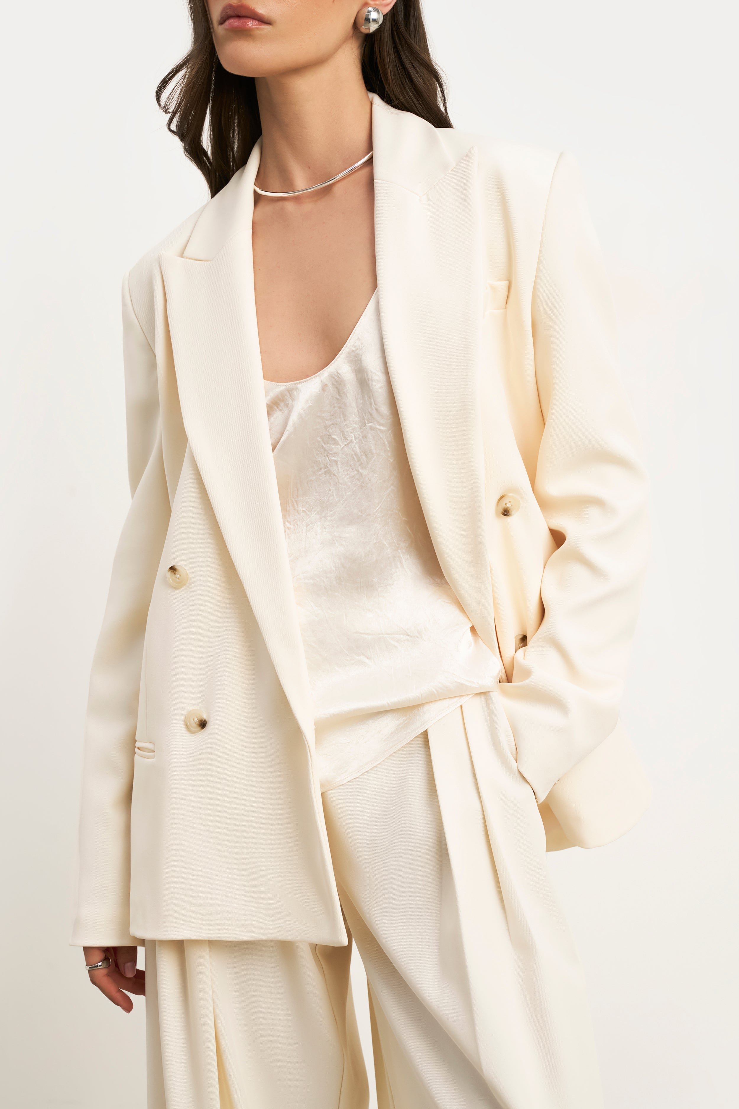 Dropped Waist Double Breasted Blazer - Cream