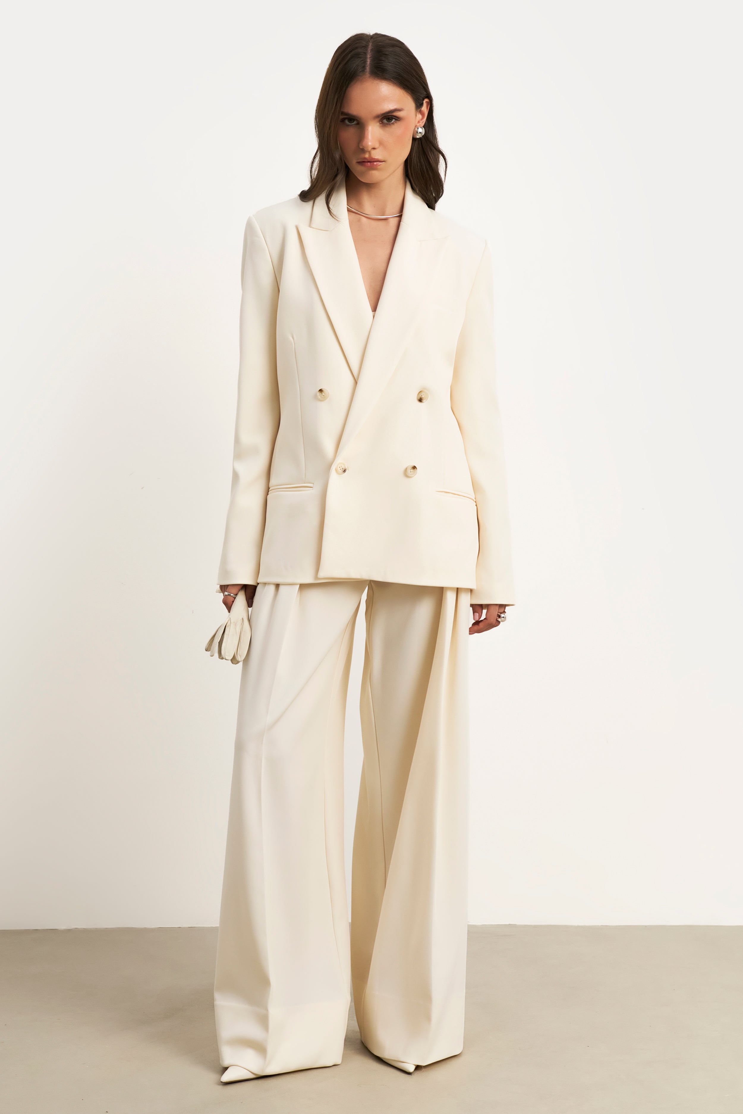 Dropped Waist Double Breasted Blazer - Cream