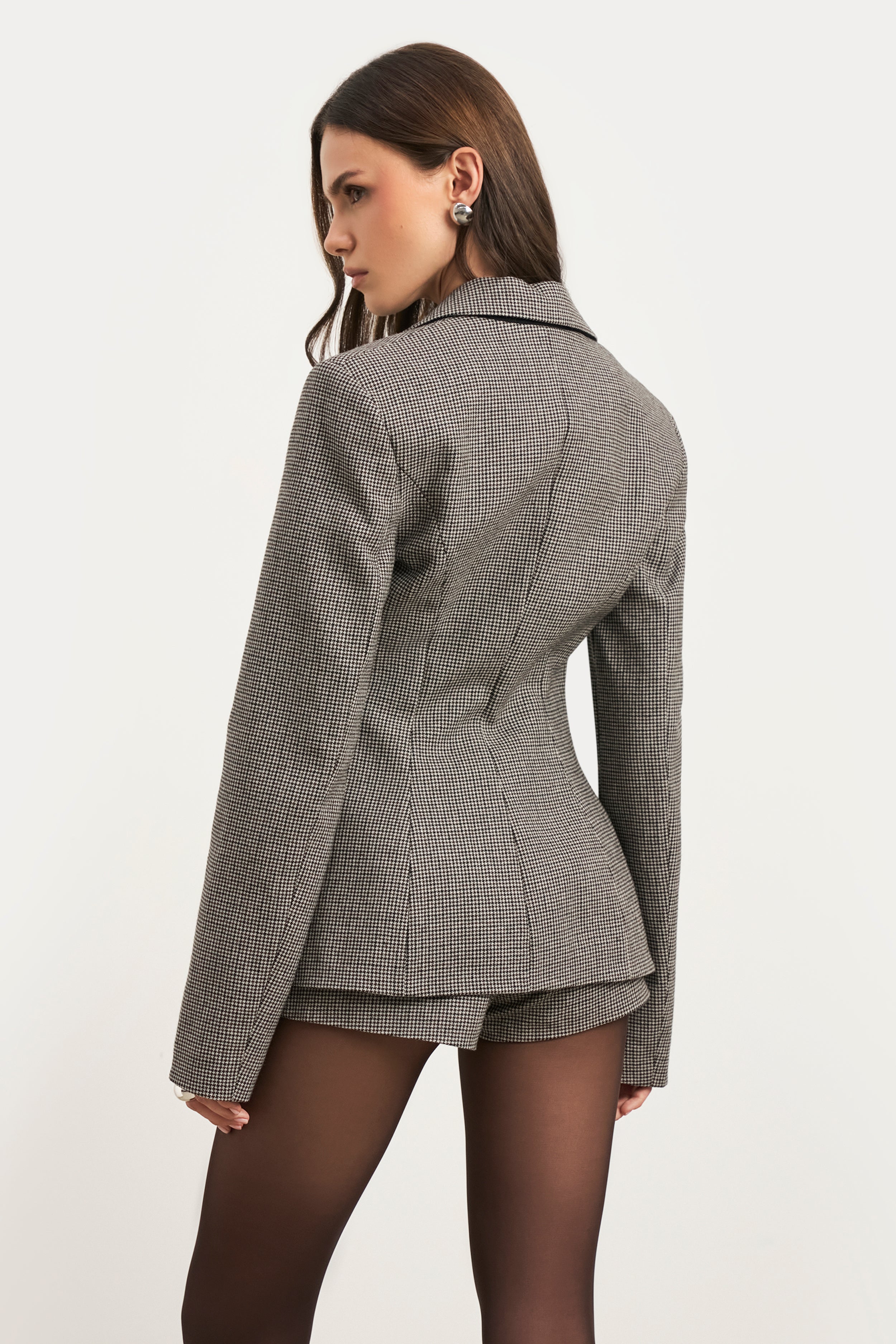 Single Breasted Cinched Waist Blazer - Houndstooth