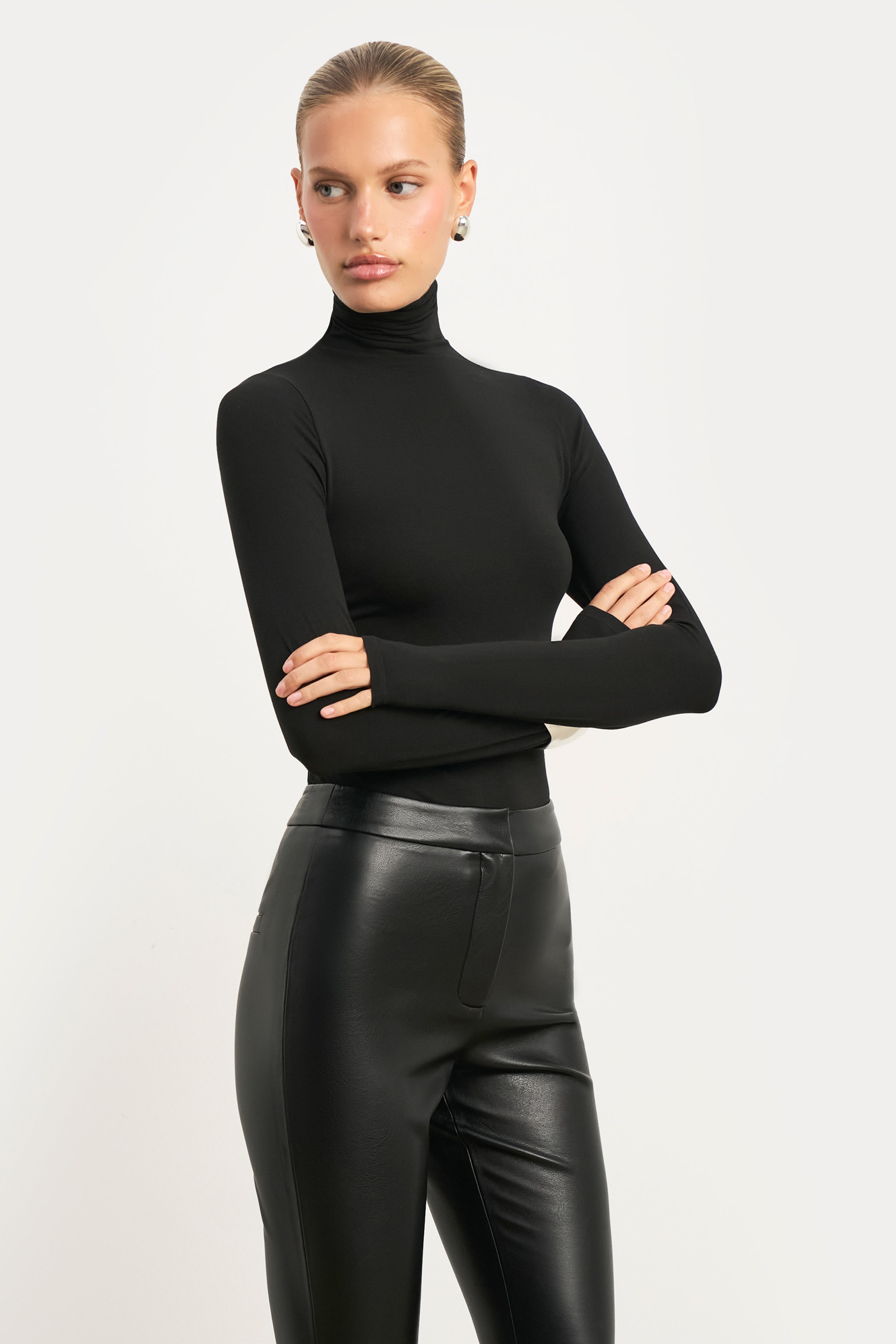 Semi Sheer High Neck Longsleeve Top - Black