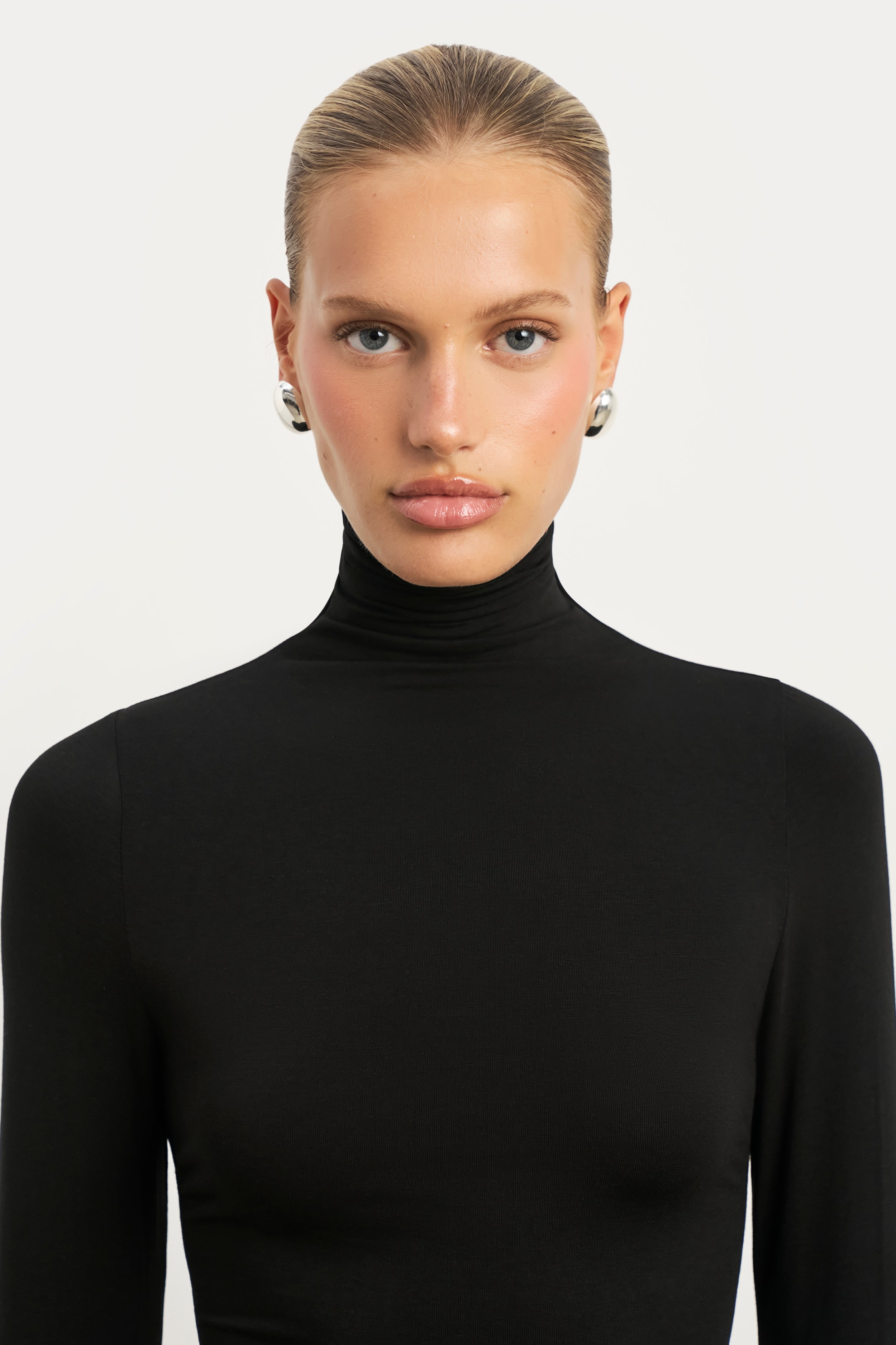 Semi Sheer High Neck Longsleeve Top - Black