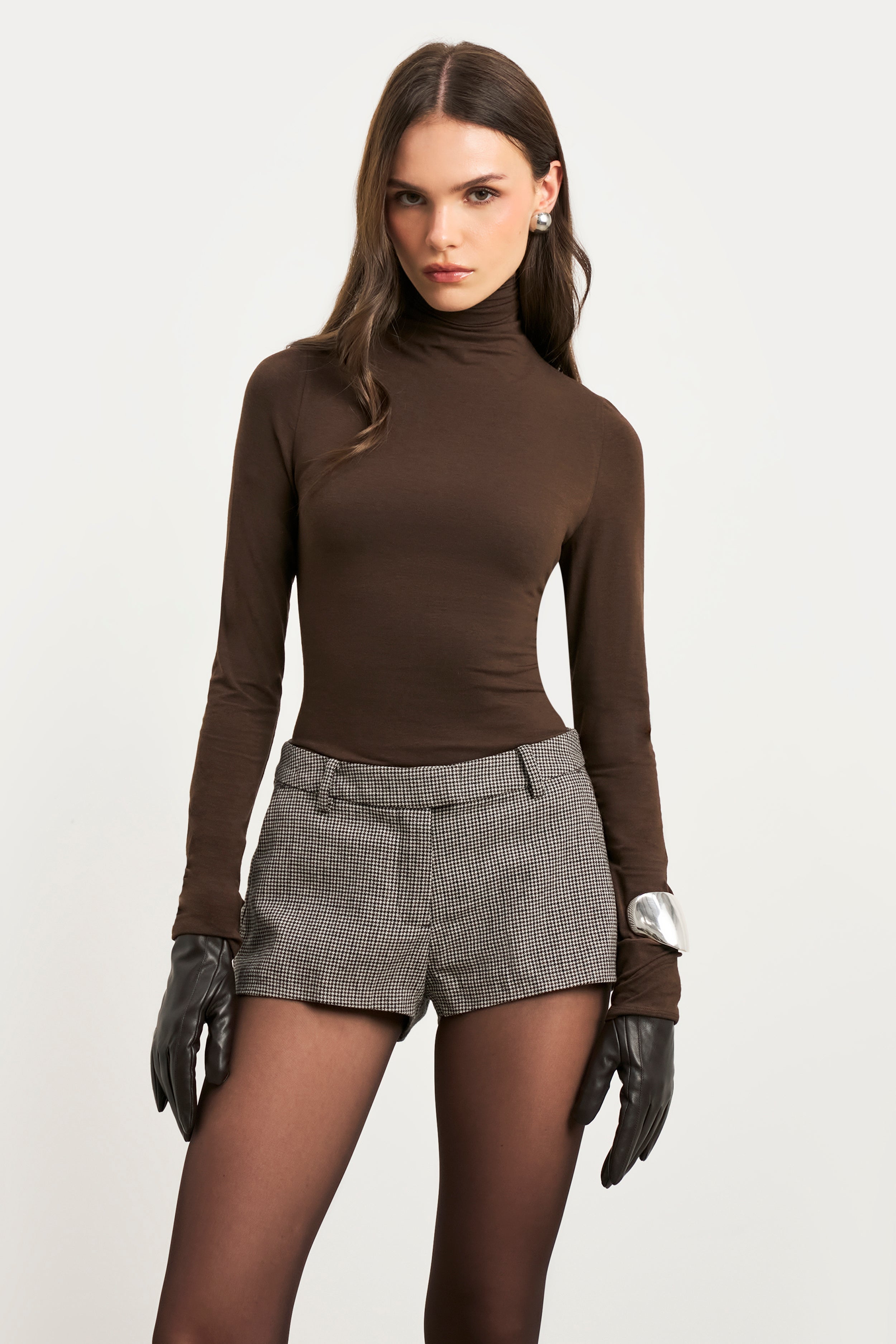 Tailored Mid Rise Micro Shorts - Houndstooth