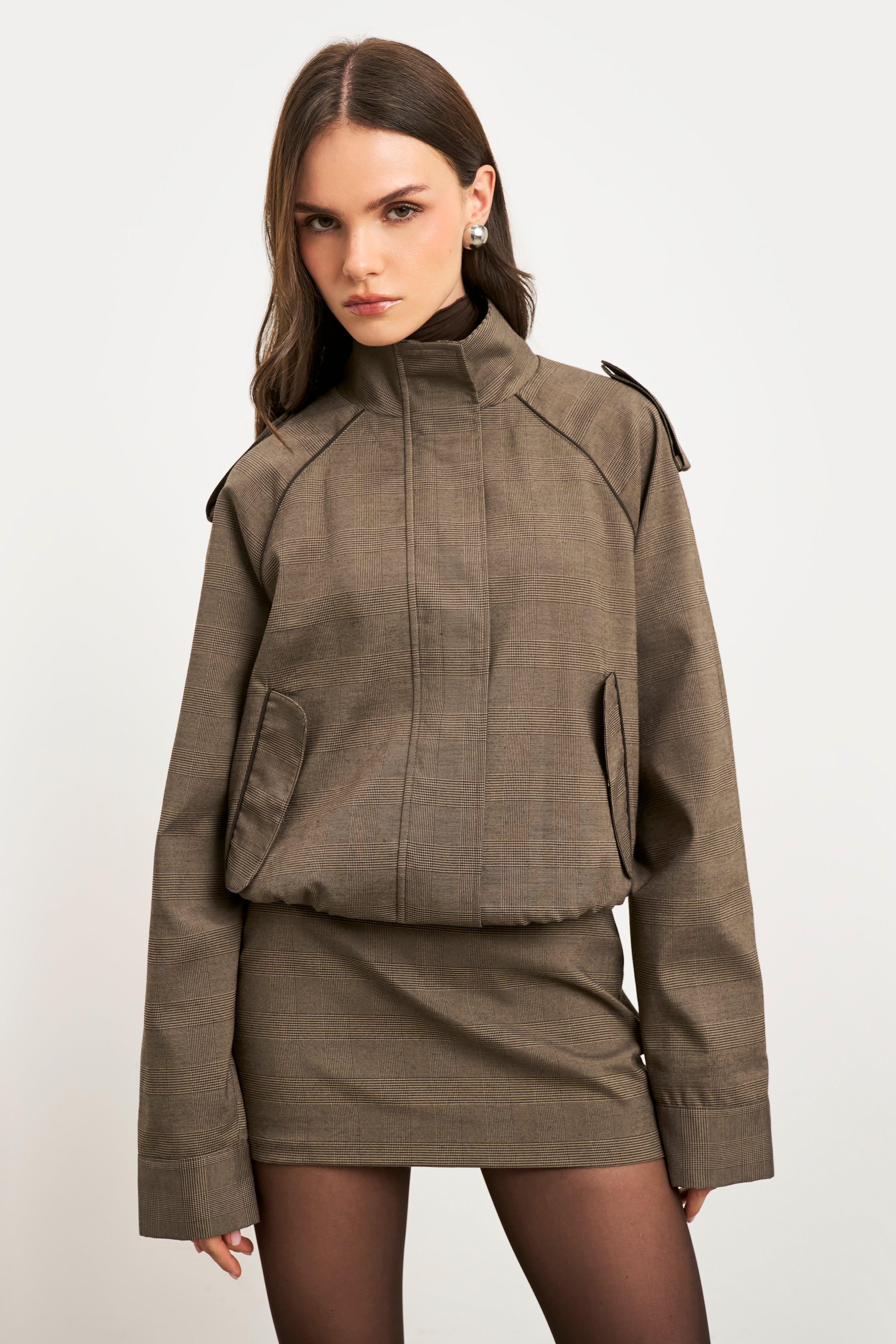 Relaxed High Collar Bomber Jacket - Carob Check