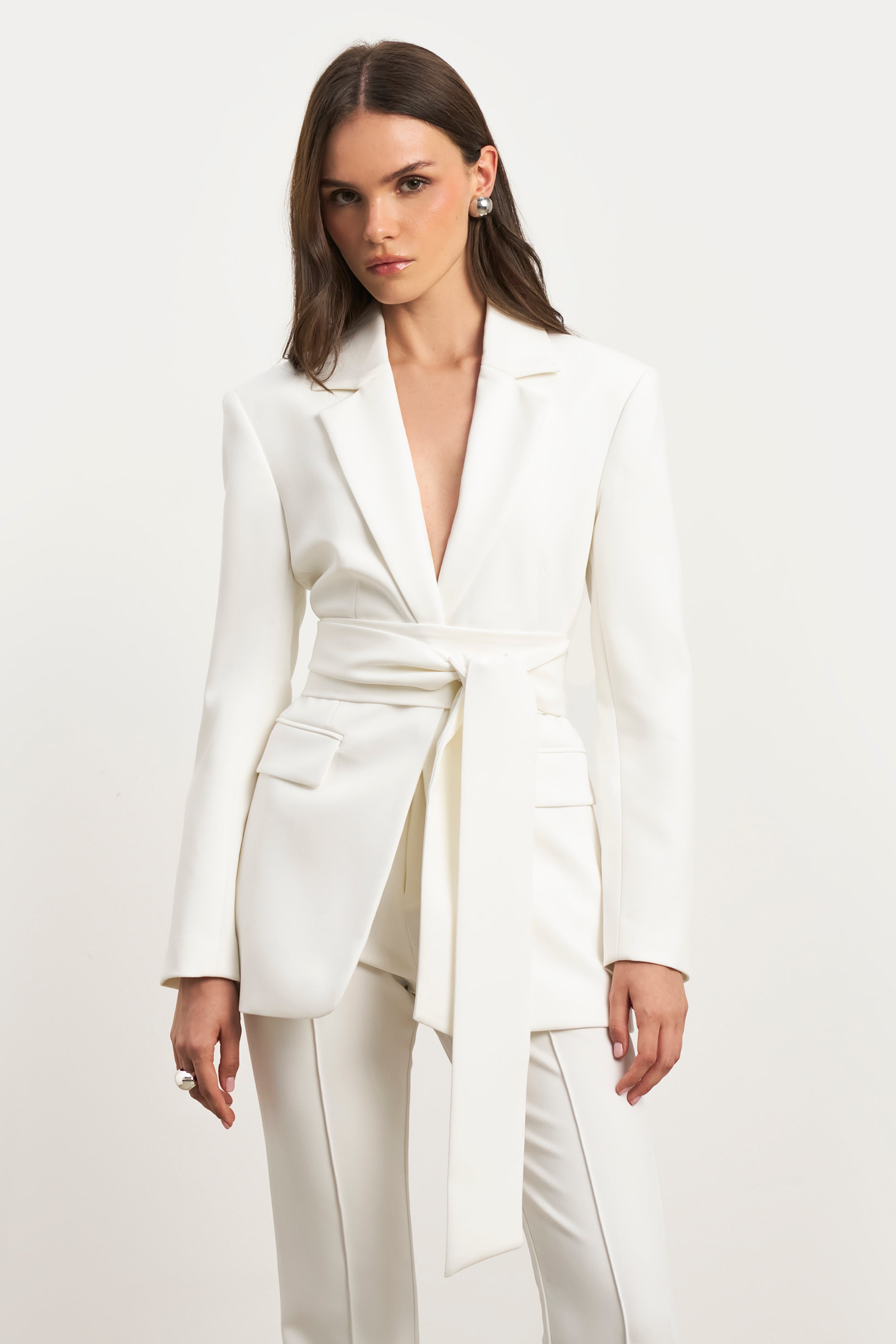 Classic Blazer With Belt - White