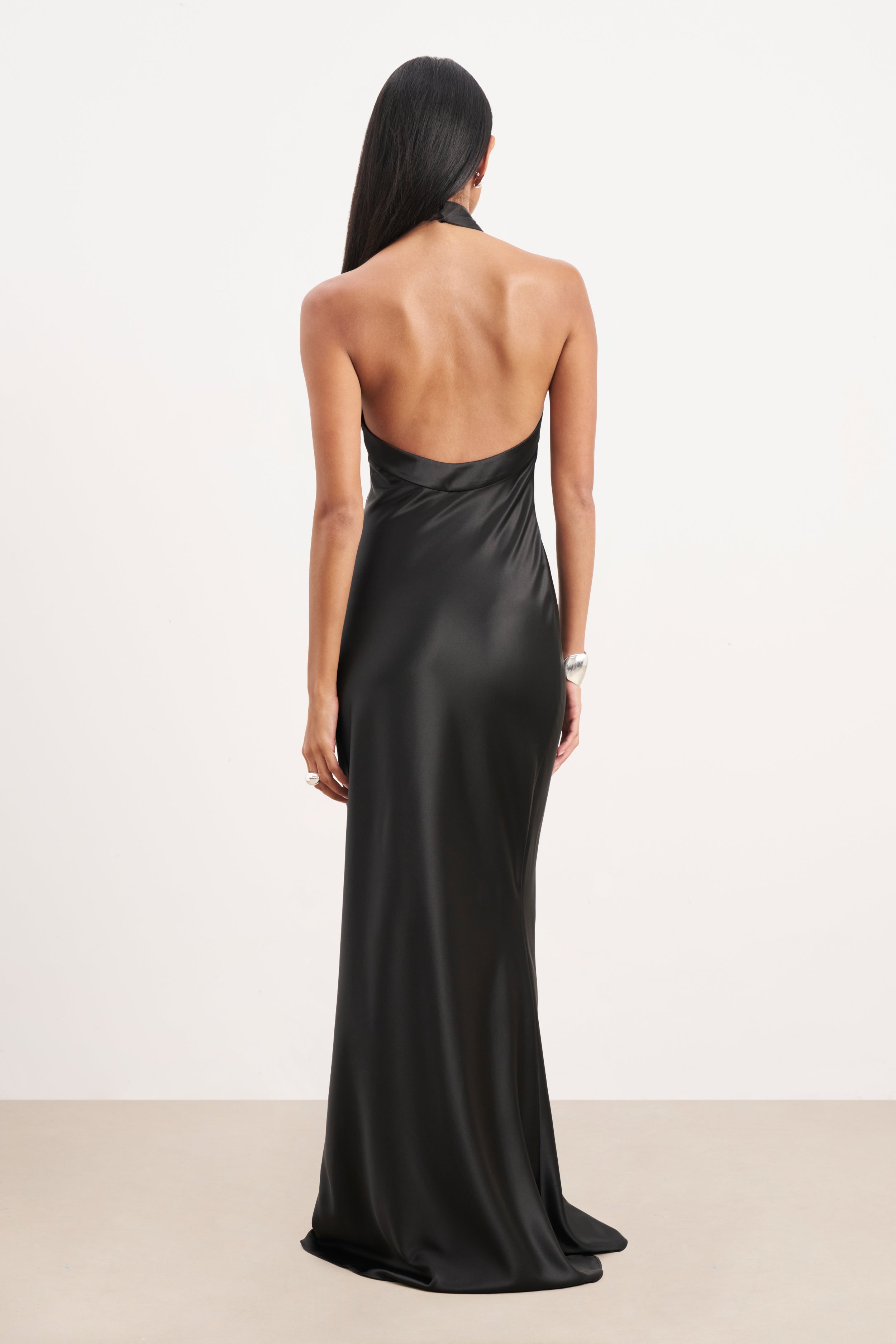 Satin Cross Strap Halter Gown - Black
