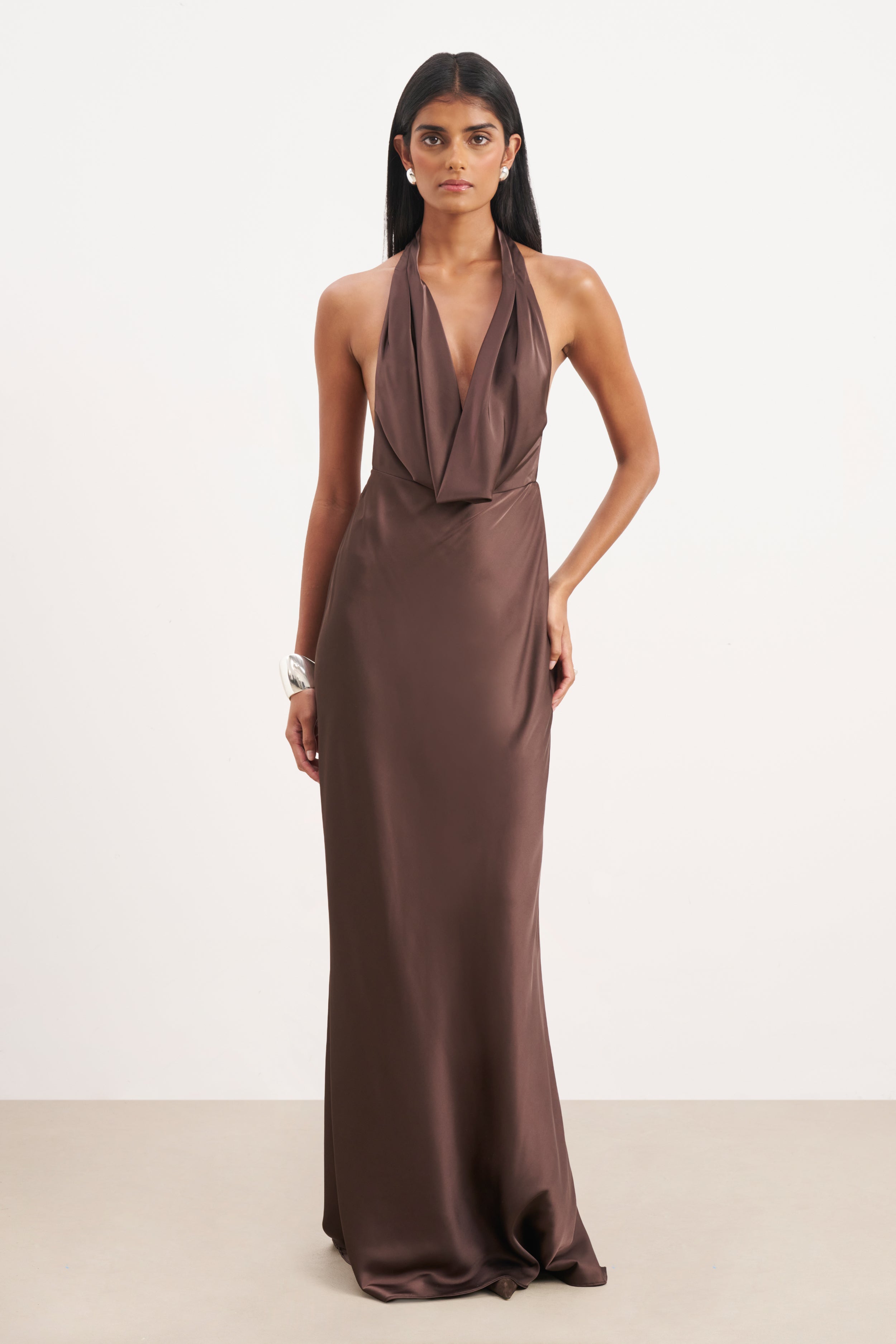 Satin Plunging Cowl Neck Maxi Dress