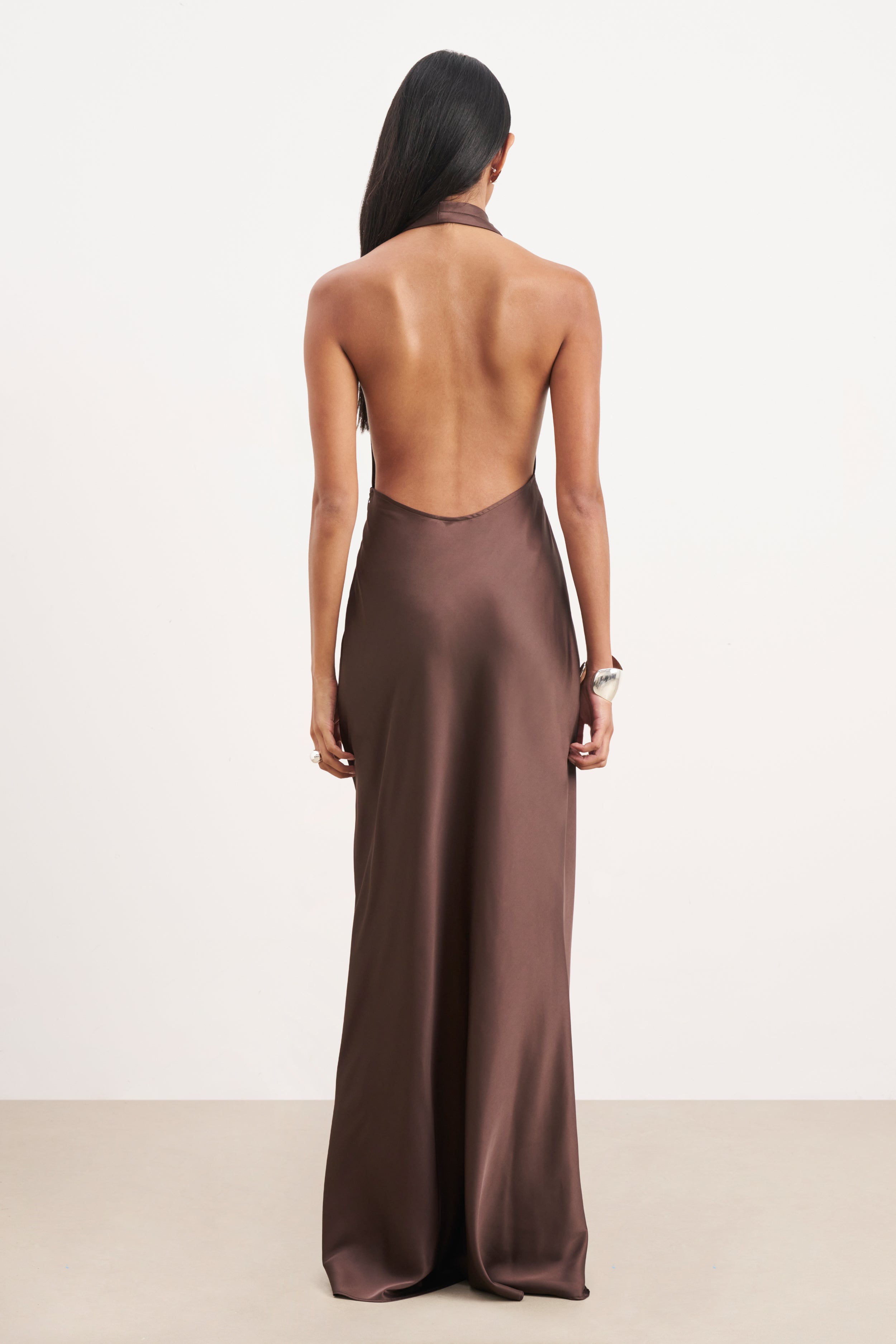 Satin Plunging Cowl Neck Maxi Dress - Carob